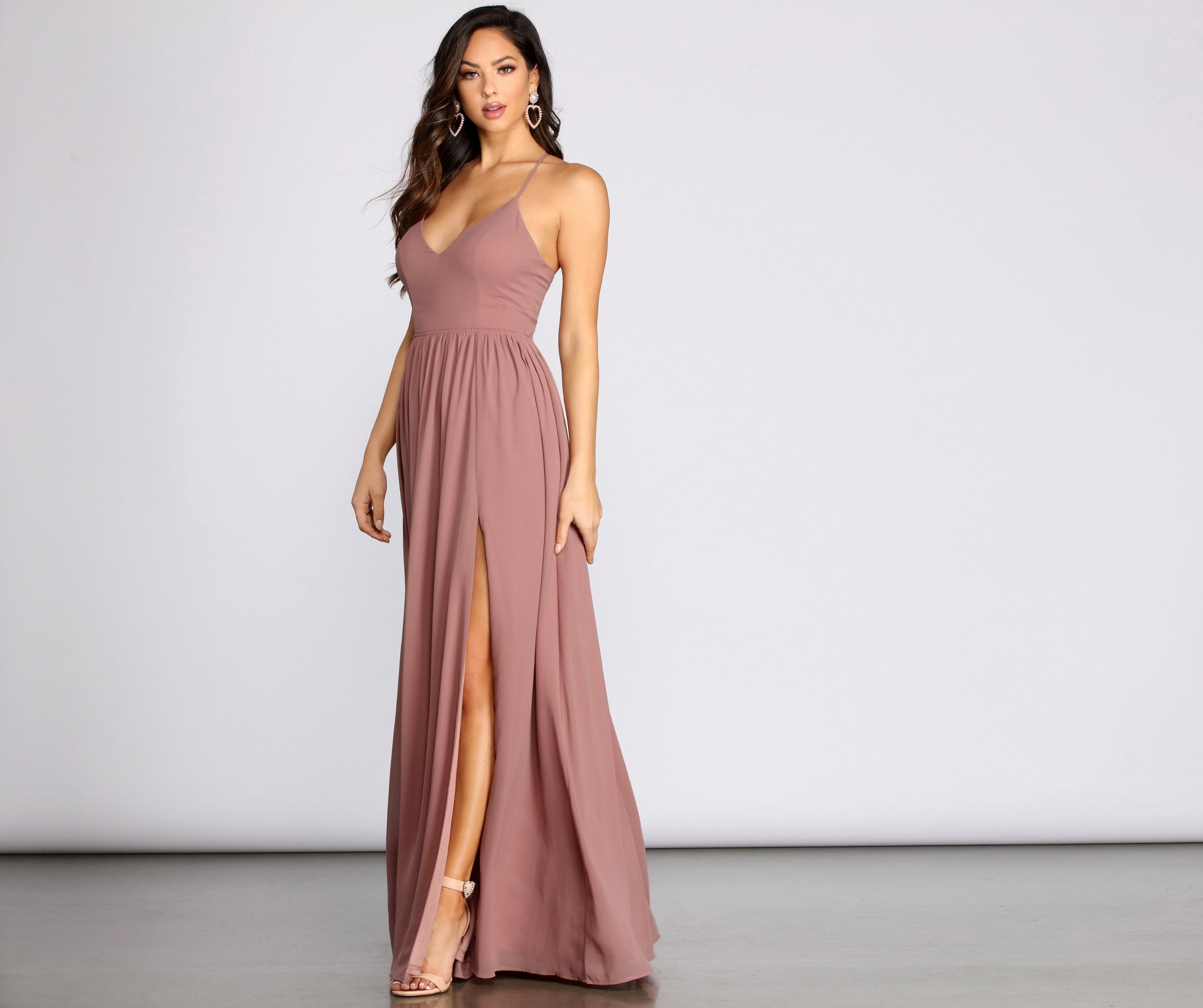 Chiffon V-Neck Lace Up Back High Split A-Line Maxi Gown