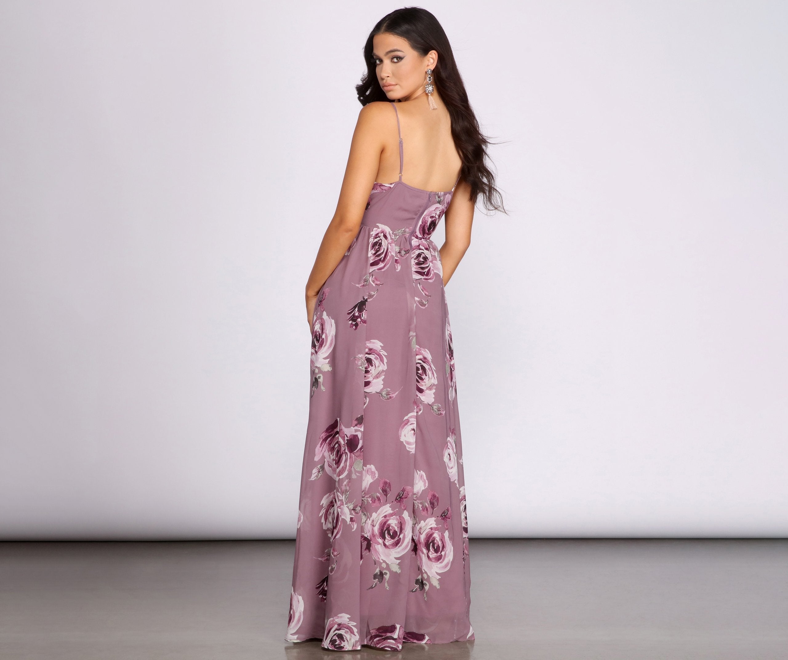 Floral Print Chiffon Deep V-Neck Wrap Bodice A-Line Maxi Dress