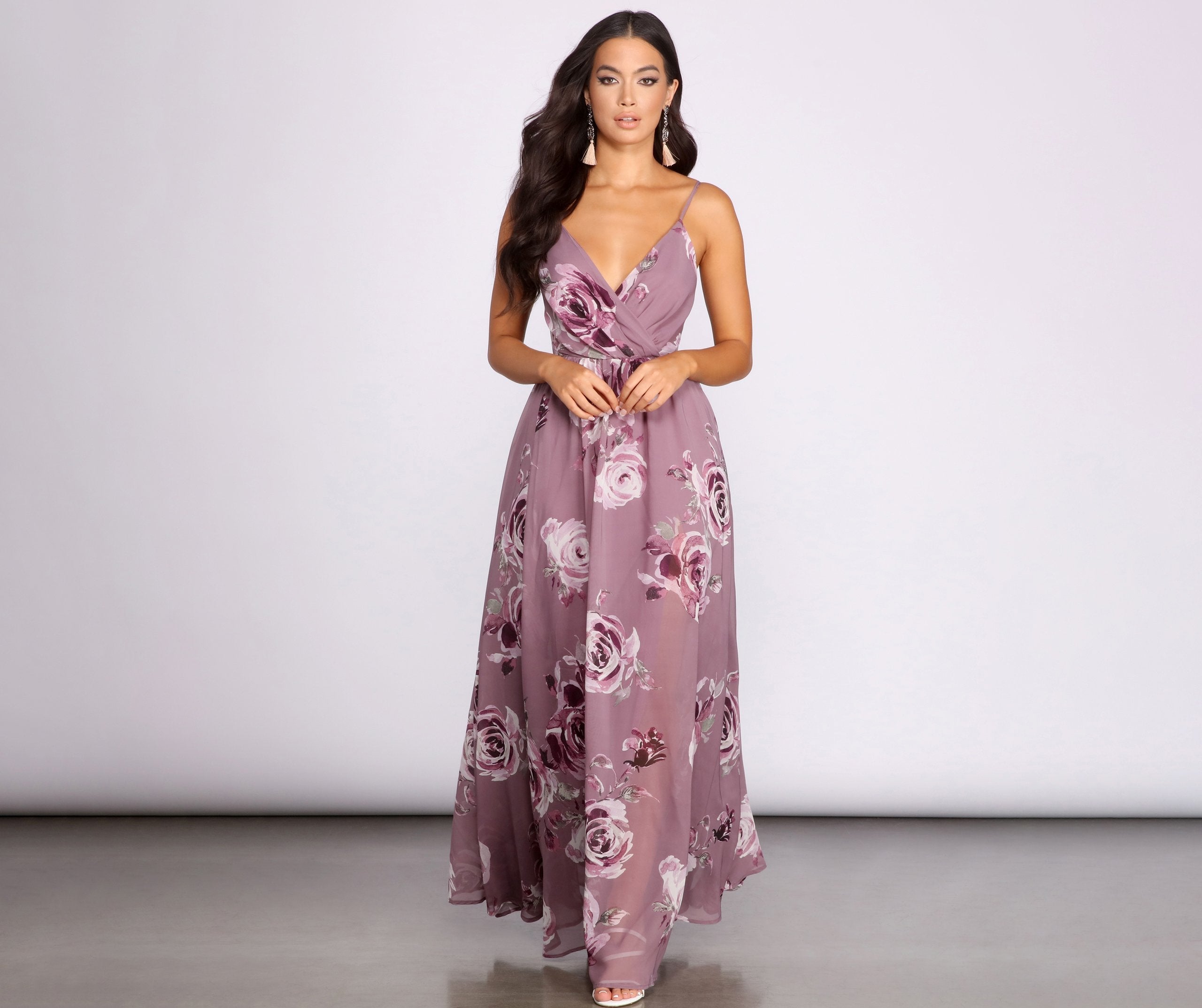 Floral Print Chiffon Deep V-Neck Wrap Bodice A-Line Maxi Dress