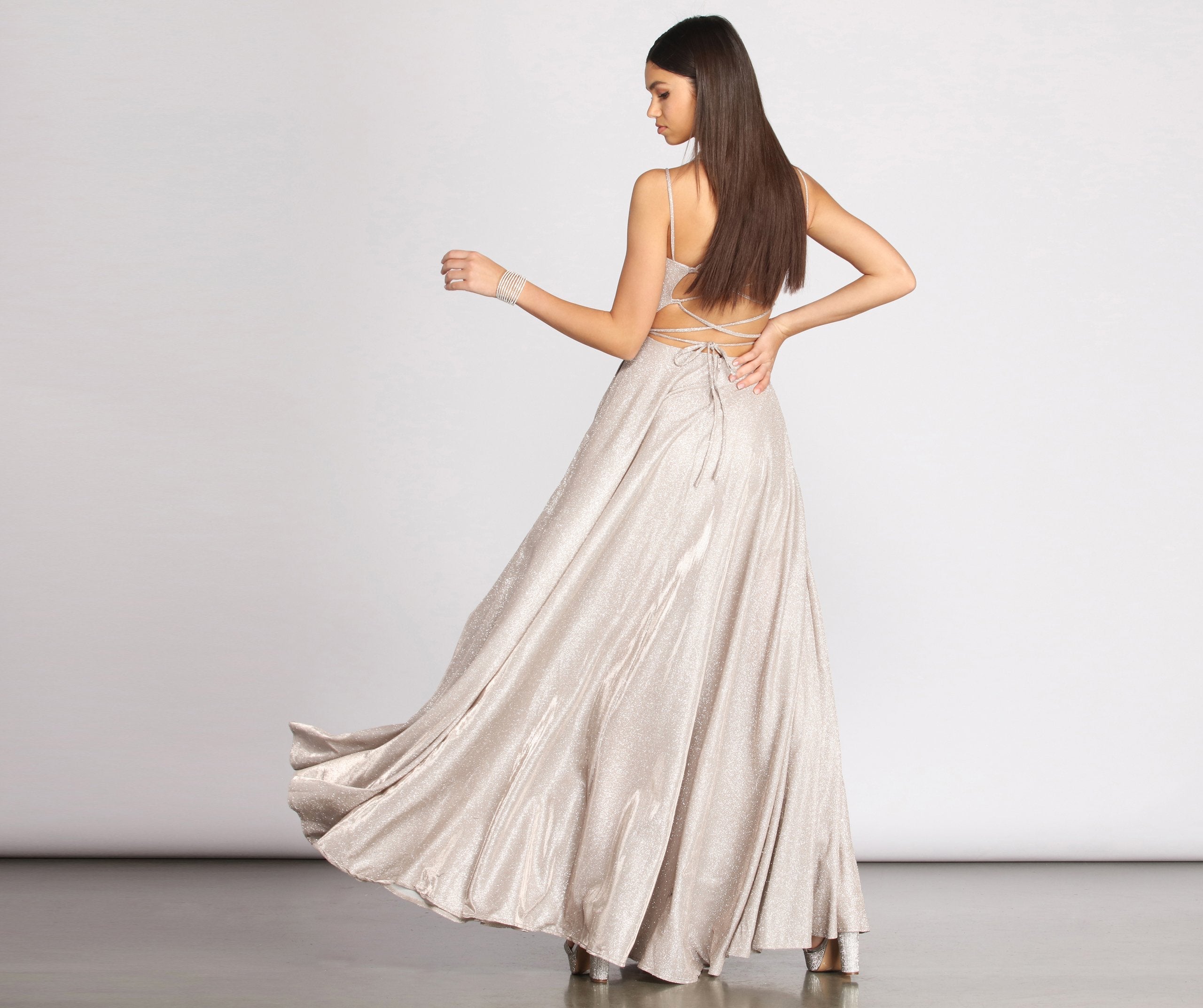 Glitter V-Neck Spaghetti Strap A-Line Maxi Gown