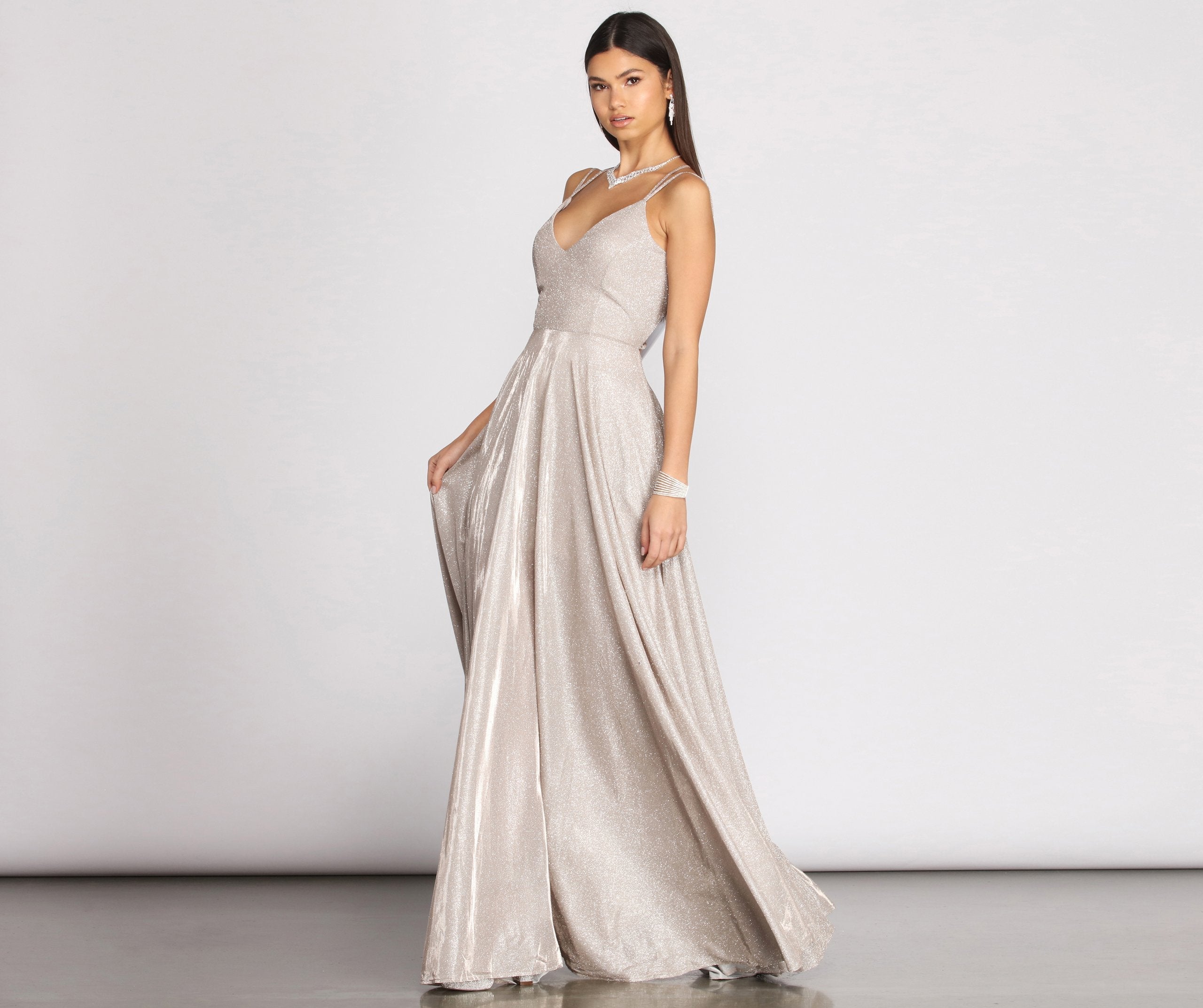 Glitter V-Neck Spaghetti Strap A-Line Maxi Gown