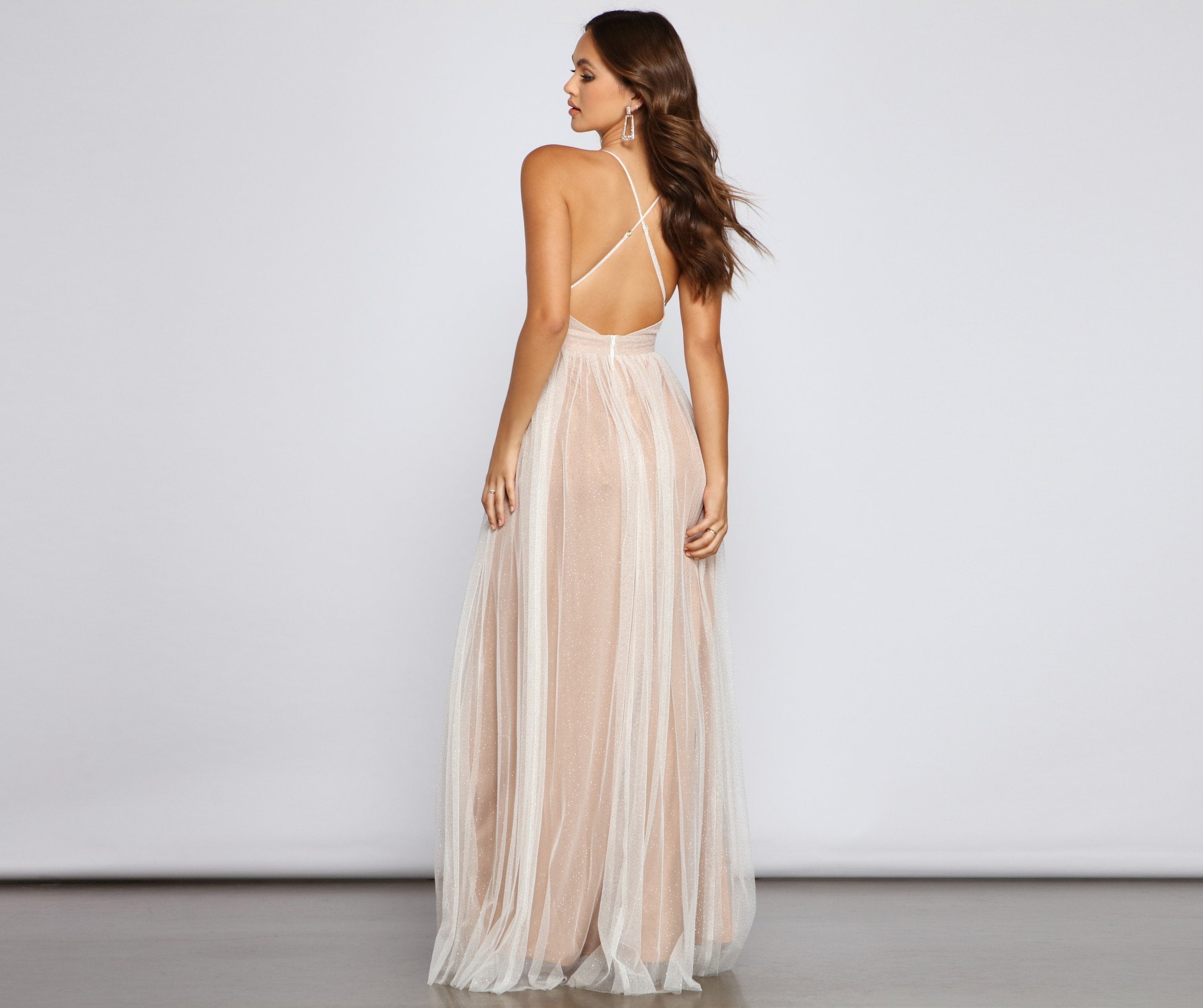 Glitter Tulle V-Neck Sleeveless A-Line Formal Maxi Gown
