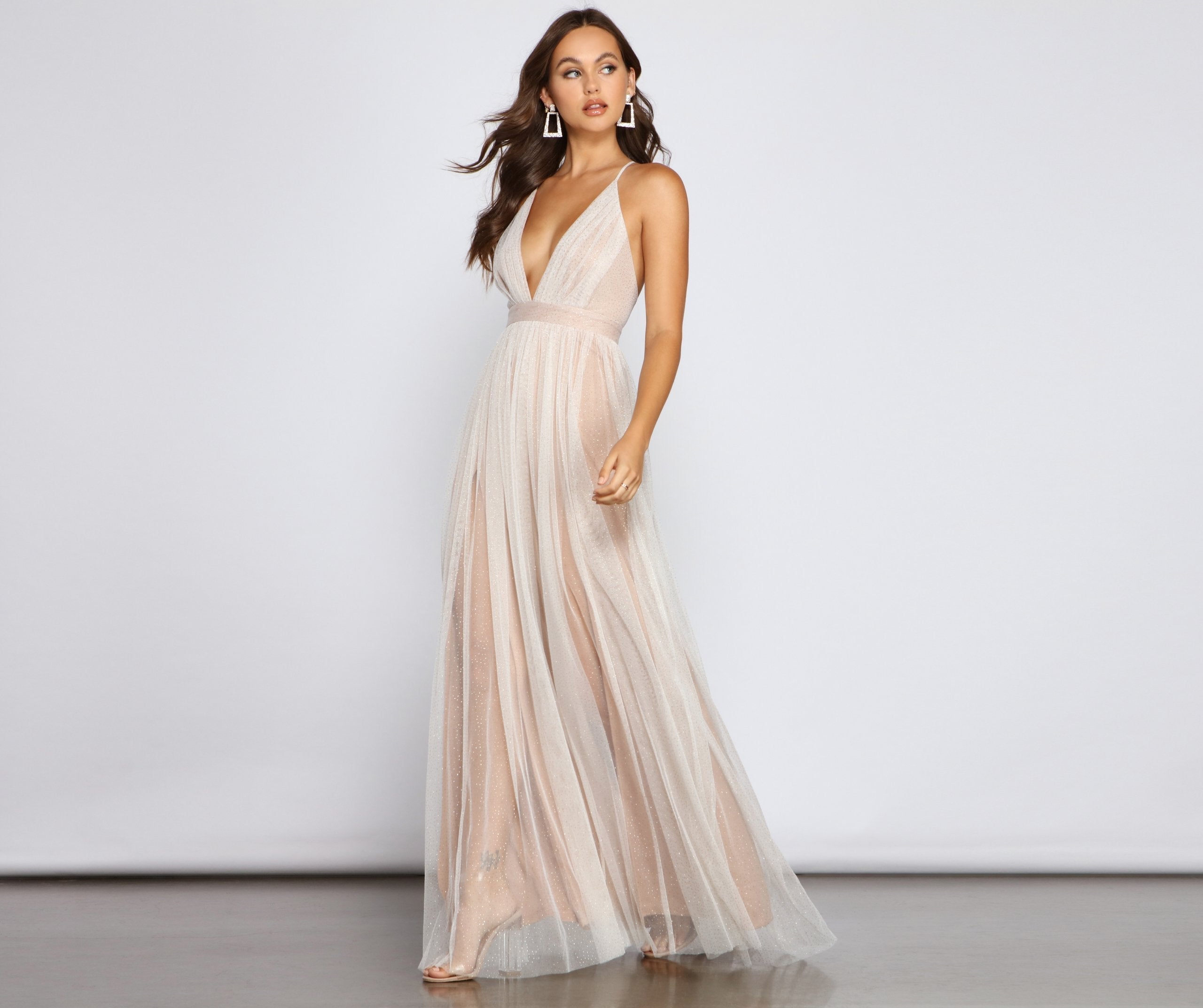 Glitter Tulle V-Neck Sleeveless A-Line Formal Maxi Gown