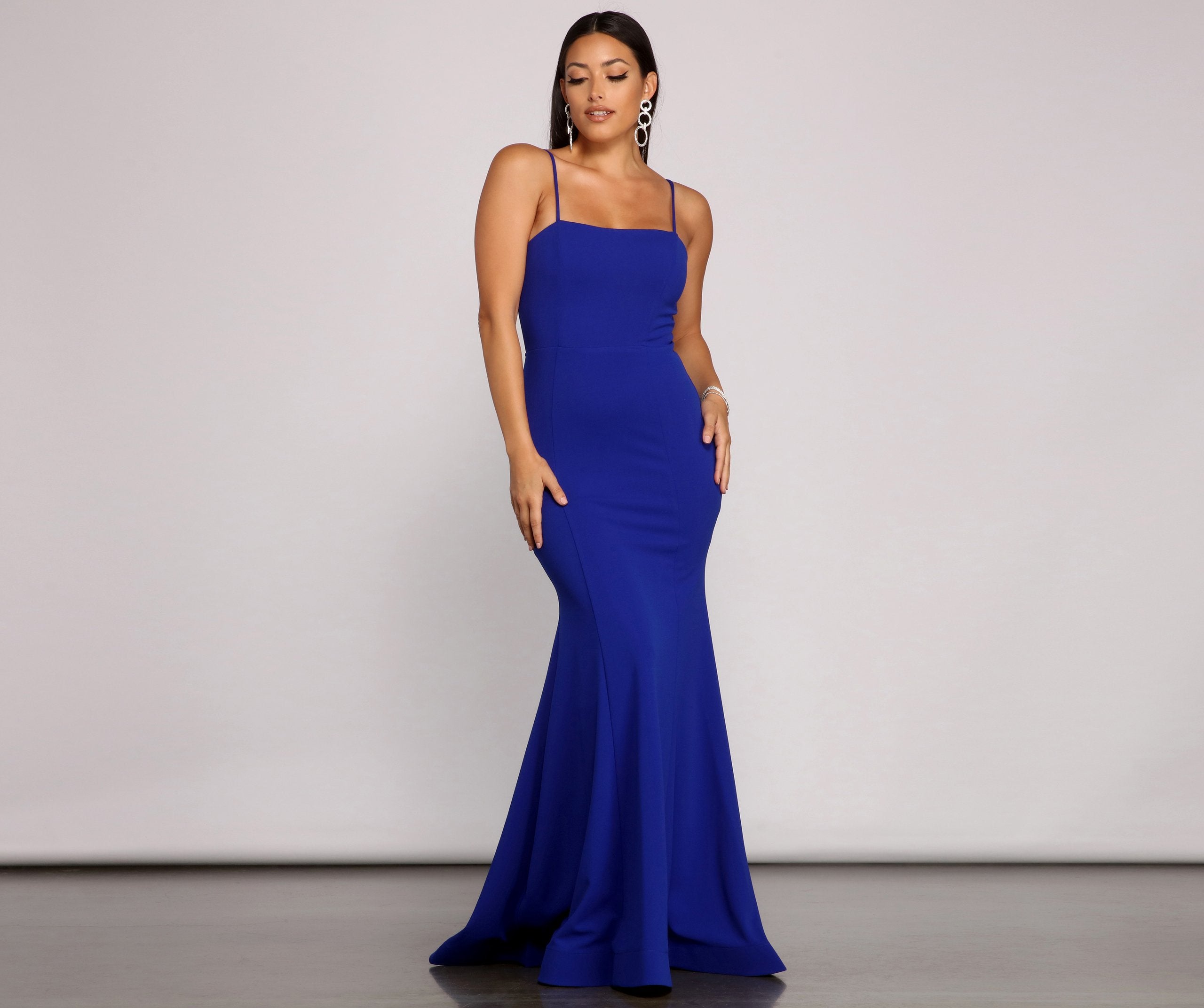 Crepe Spaghetti Strap Lace Up Back Mermaid Maxi Gown