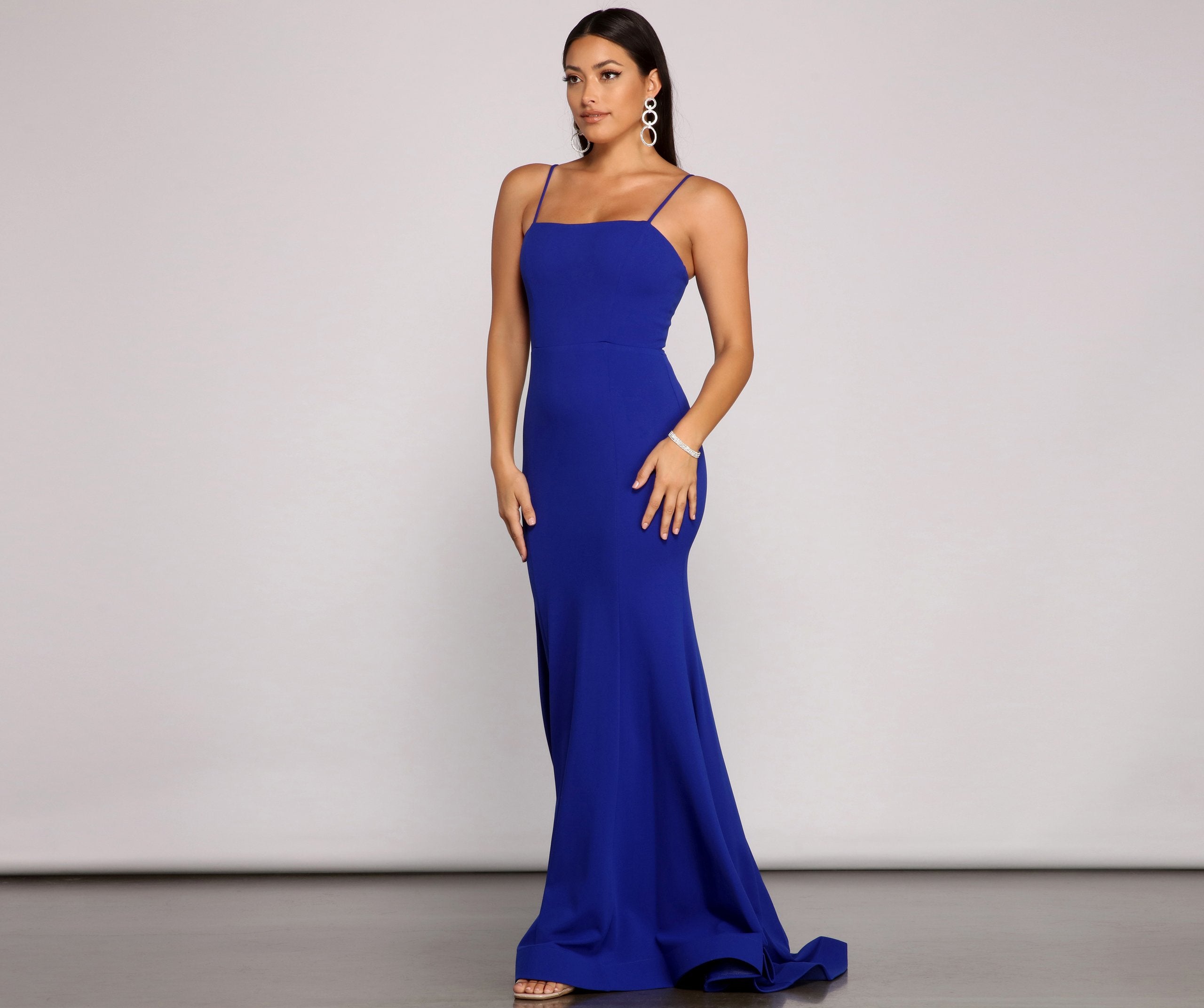 Crepe Spaghetti Strap Lace Up Back Mermaid Maxi Gown