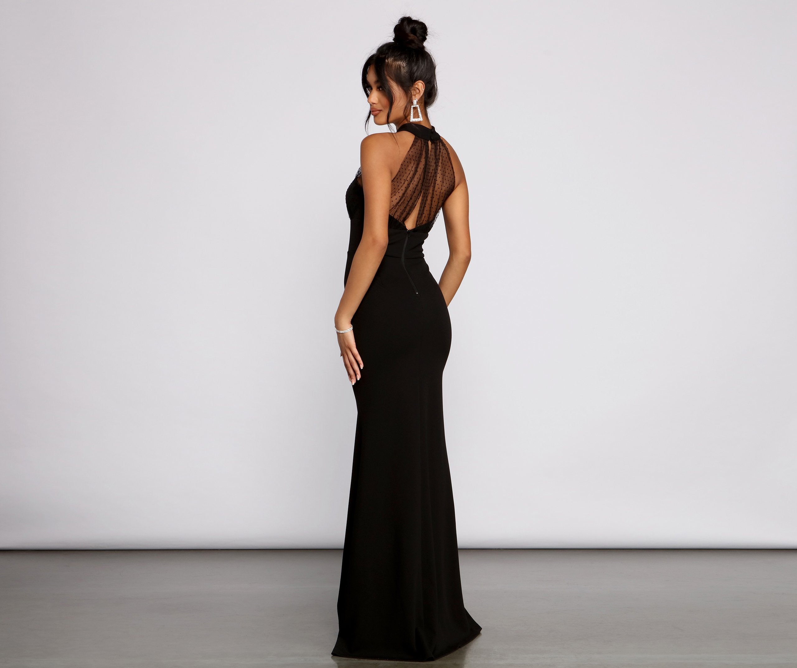 Halter Neck Dot Mesh Crepe Mermaid Maxi Gown