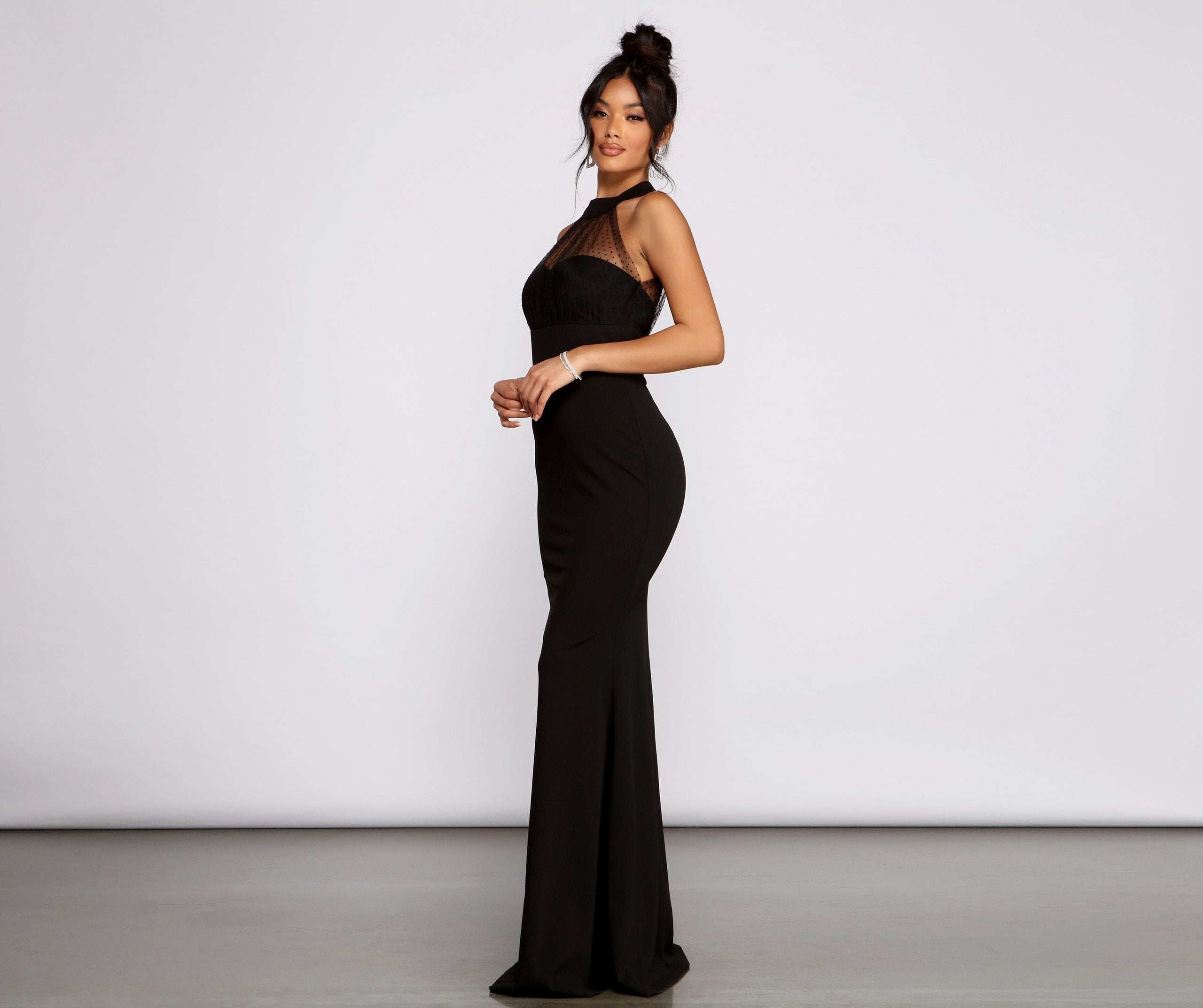 Halter Neck Dot Mesh Crepe Mermaid Maxi Gown