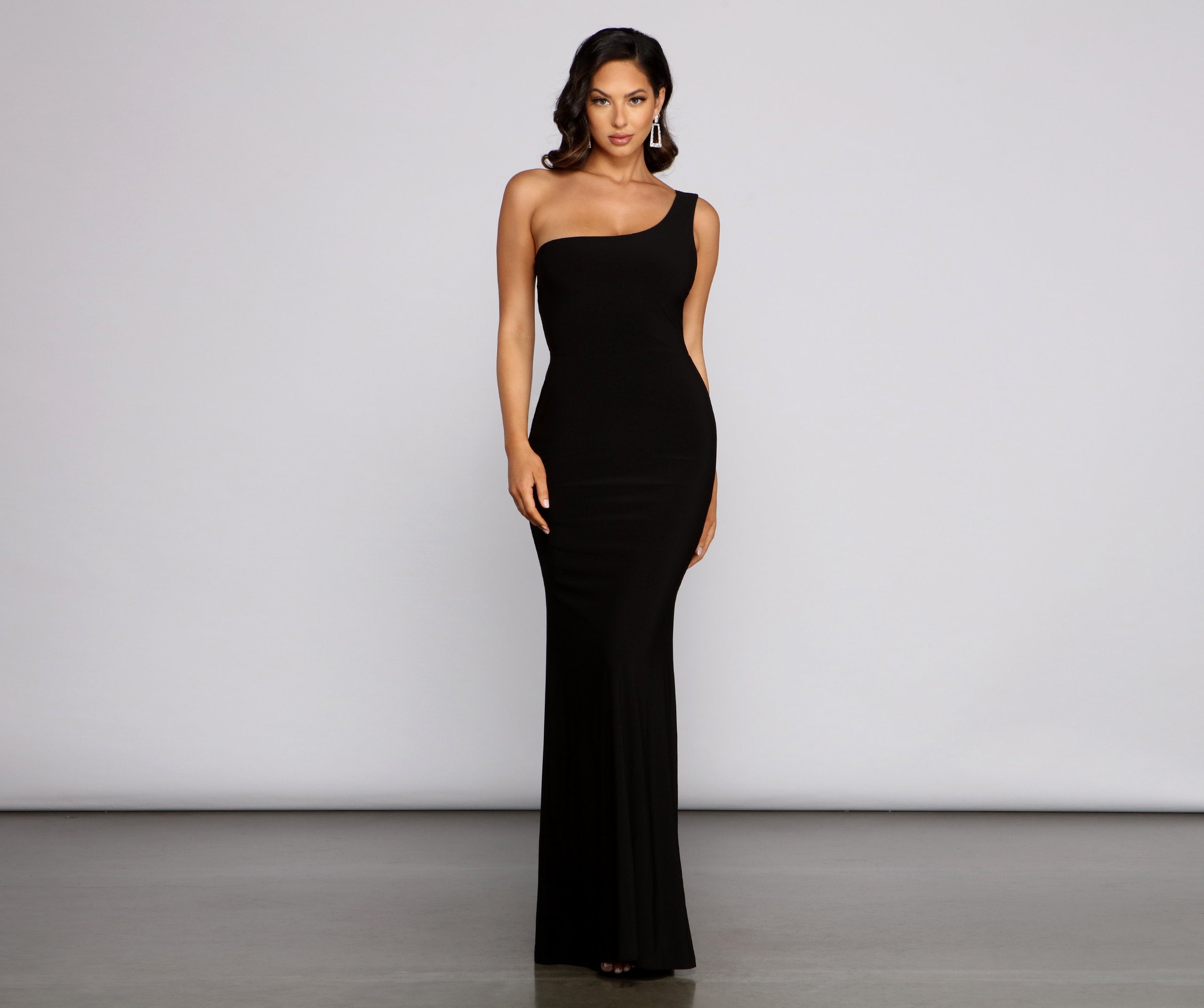 One Shoulder Open Back Crepe Mermaid Maxi Gown