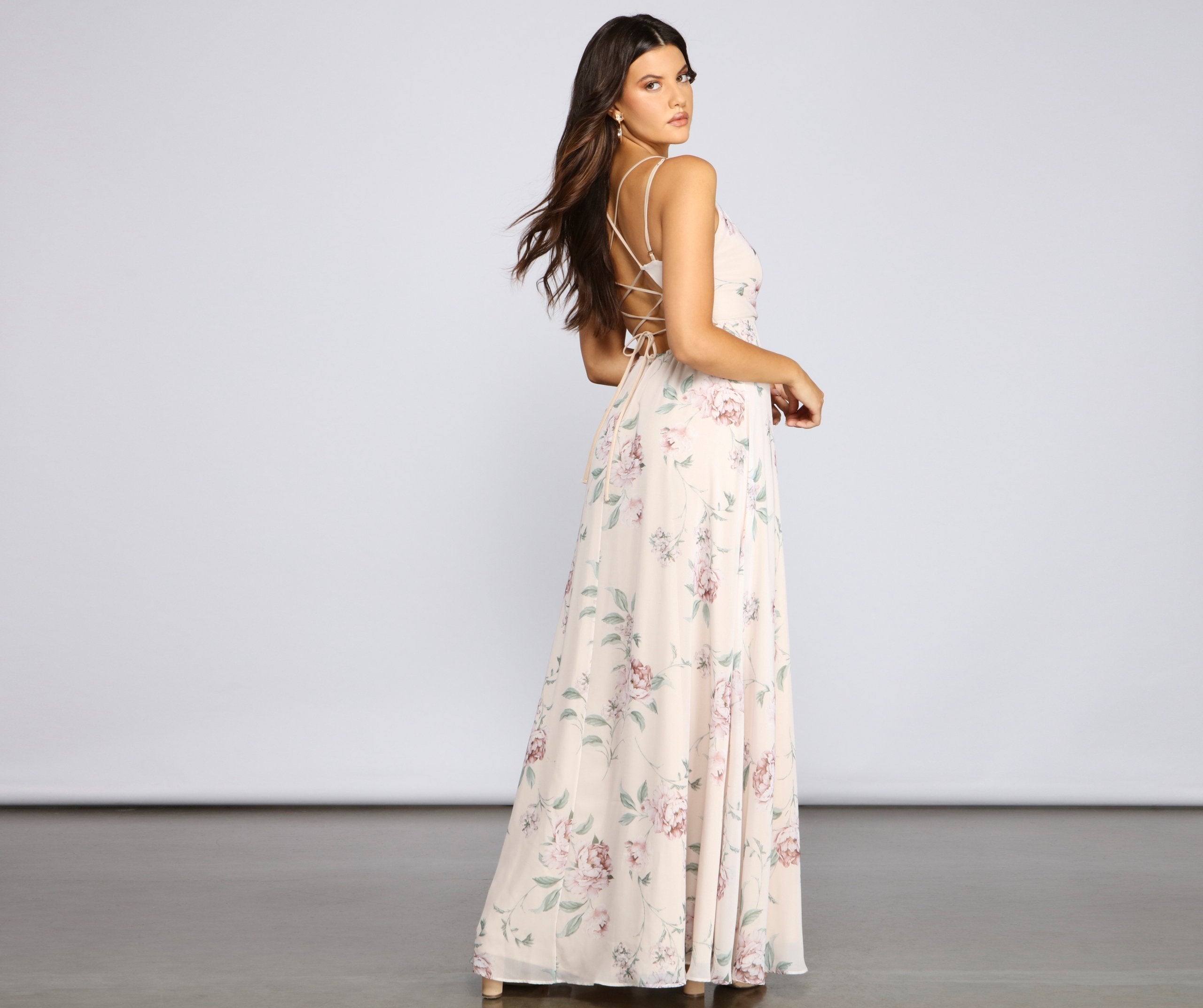 Floral Print Chiffon V-Neck Wrap High Split Maxi Dress