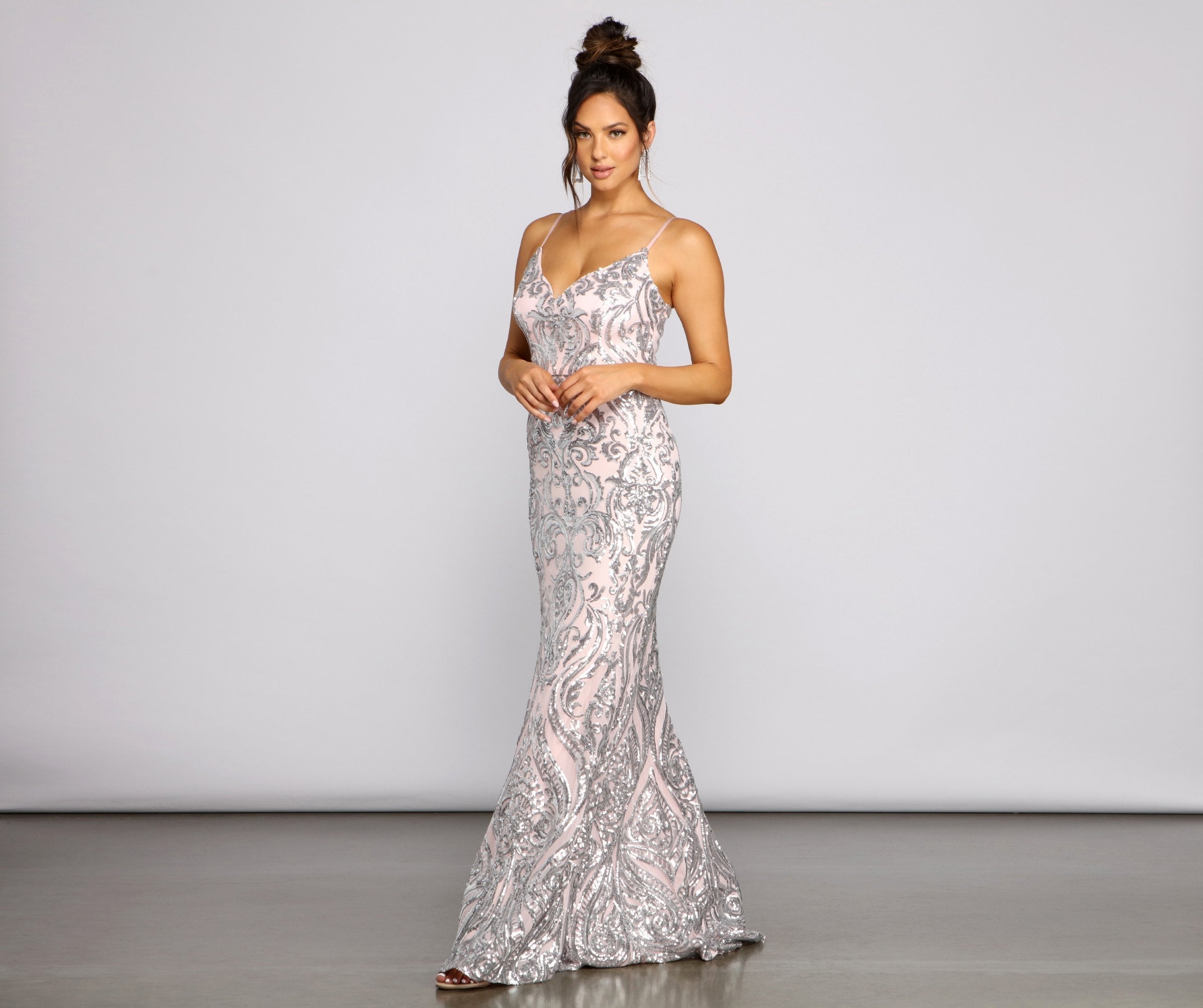 Sequin V-Neck Spaghetti Strap Mermaid Maxi Gown
