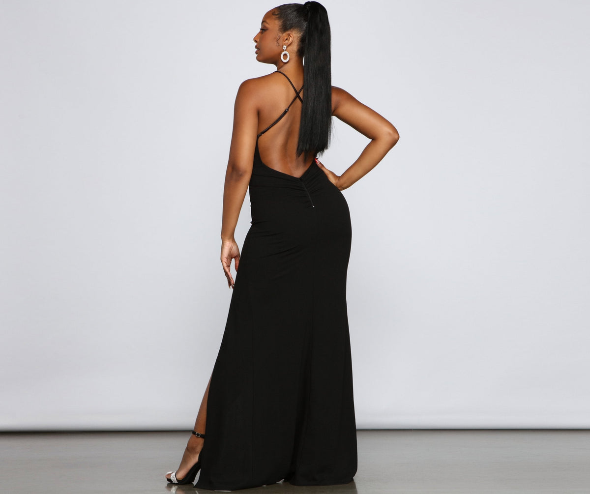 Satin Bust Halter Neck Cut Out High Split Formal Maxi Gown 4