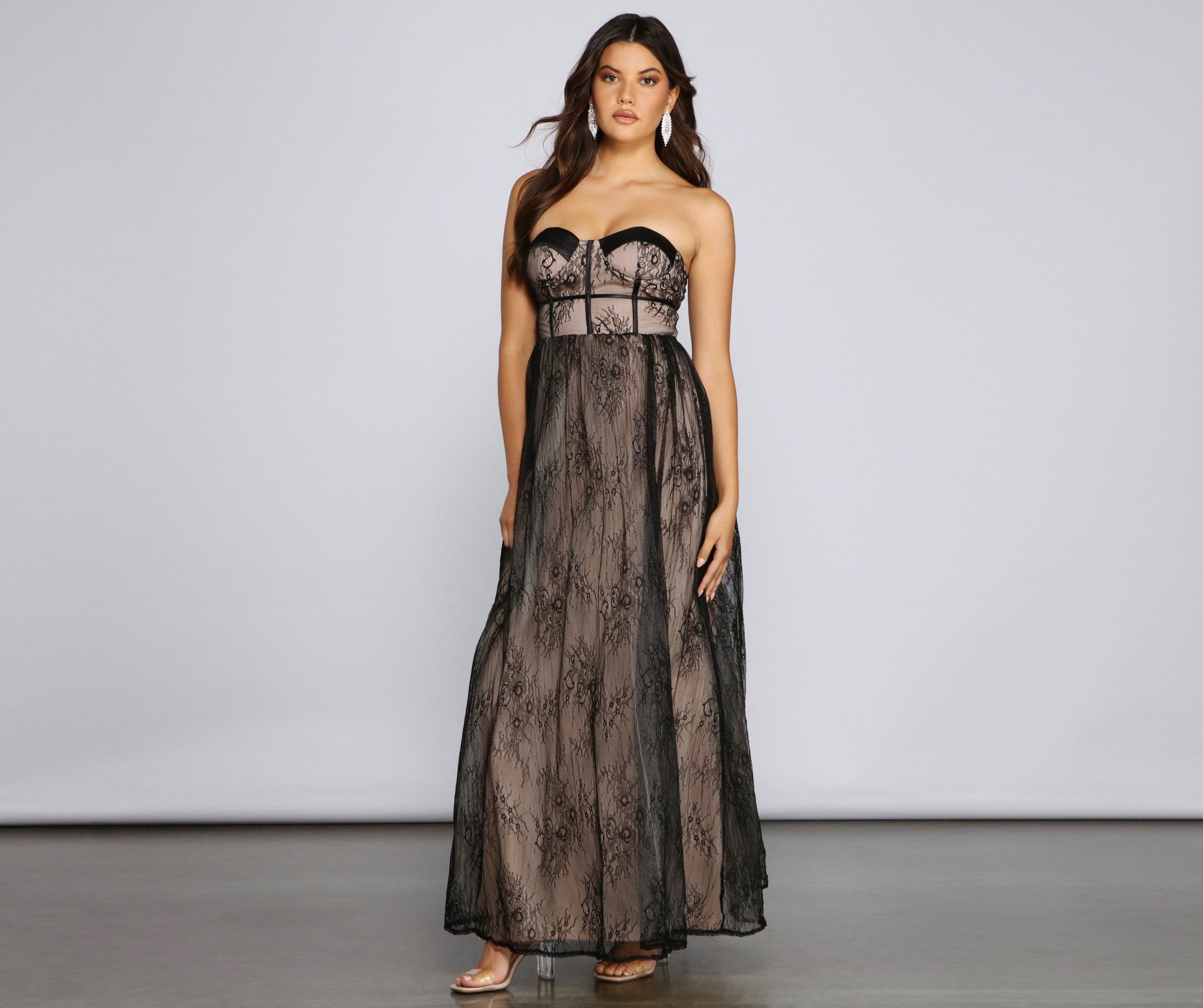Lace Strapless Sweetheart Corset A-Line Maxi Gown