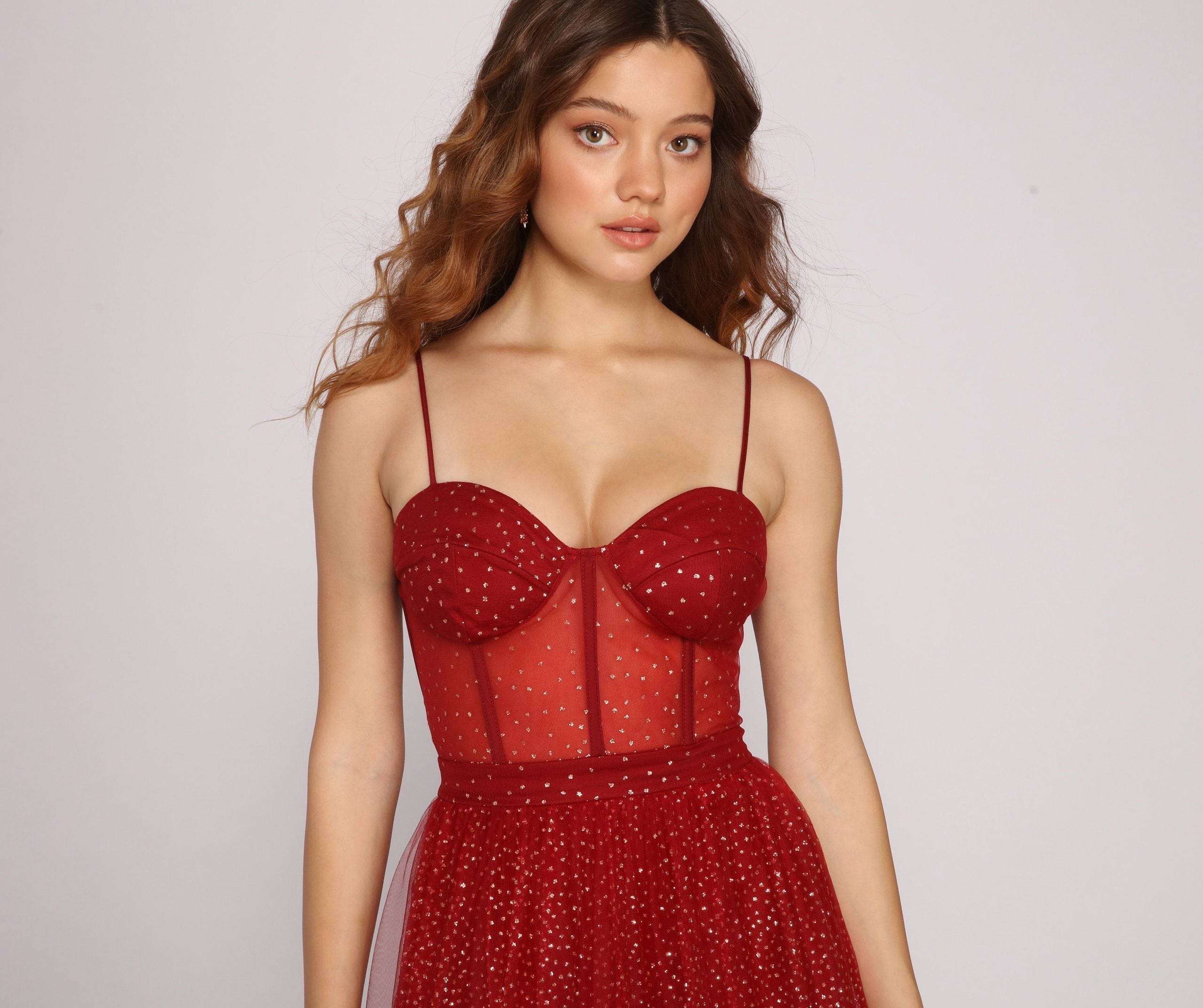 Glitter Sweetheart Spaghetti Strap Corset Tulle A-Line Maxi Gown