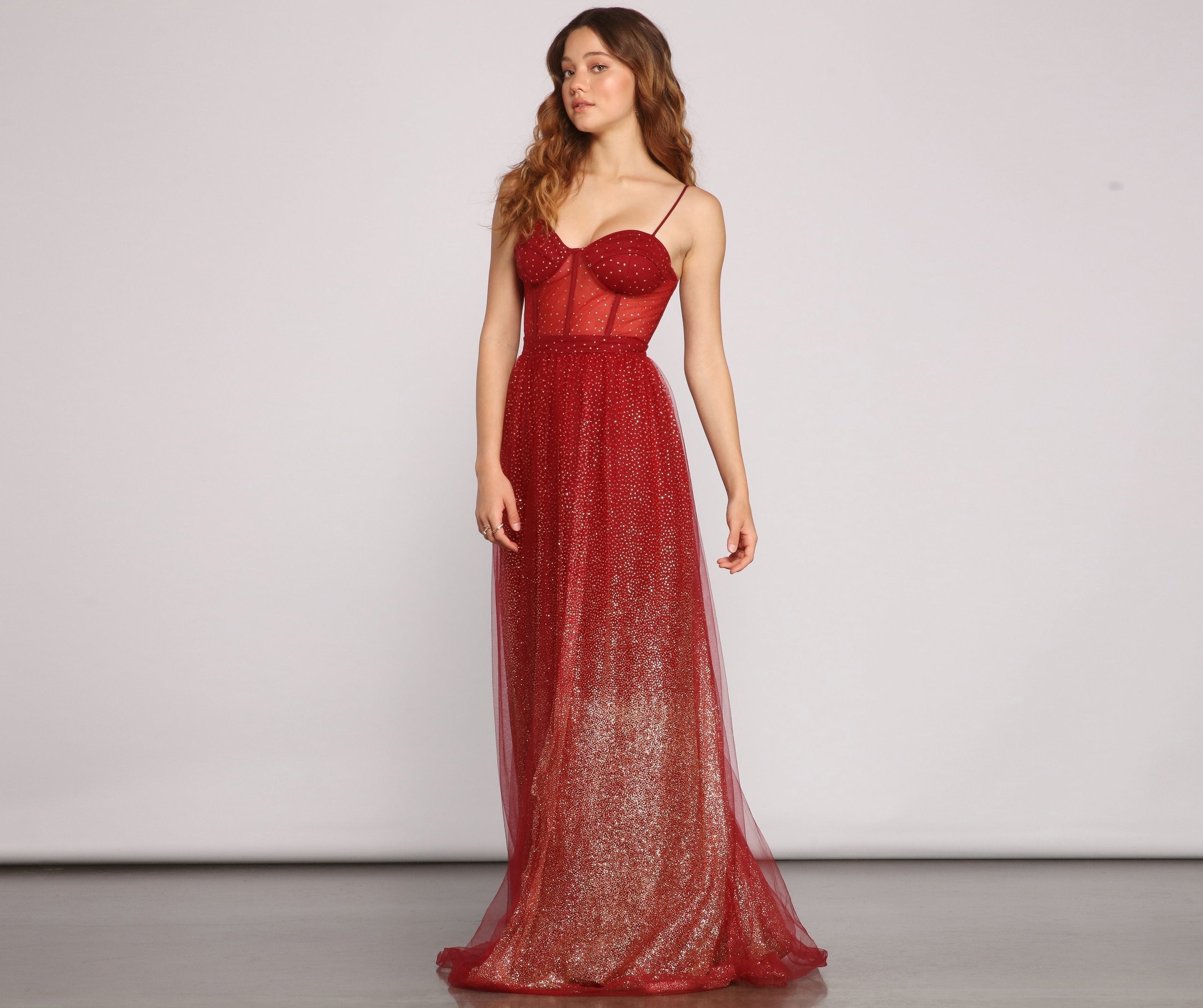 Glitter Sweetheart Spaghetti Strap Corset Tulle A-Line Maxi Gown