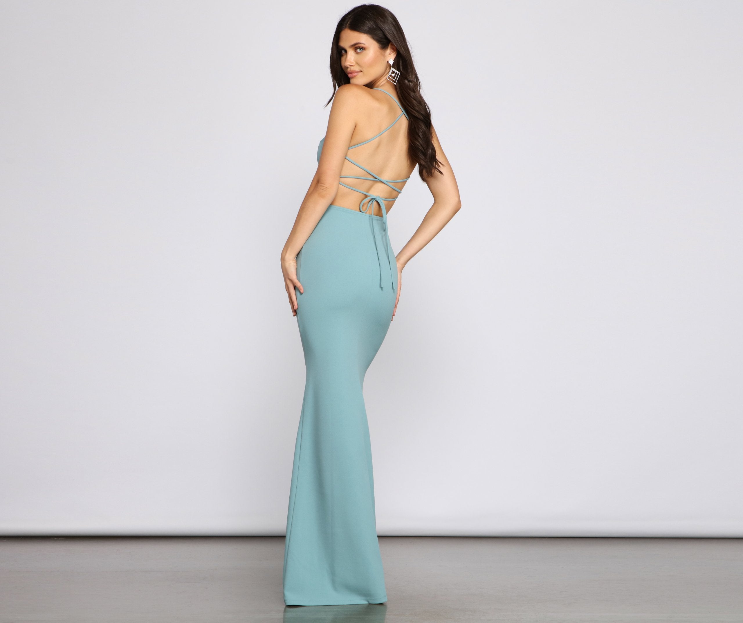 Cowl Neck Spaghetti Strap Lace Up Back Crepe Mermaid Maxi Gown