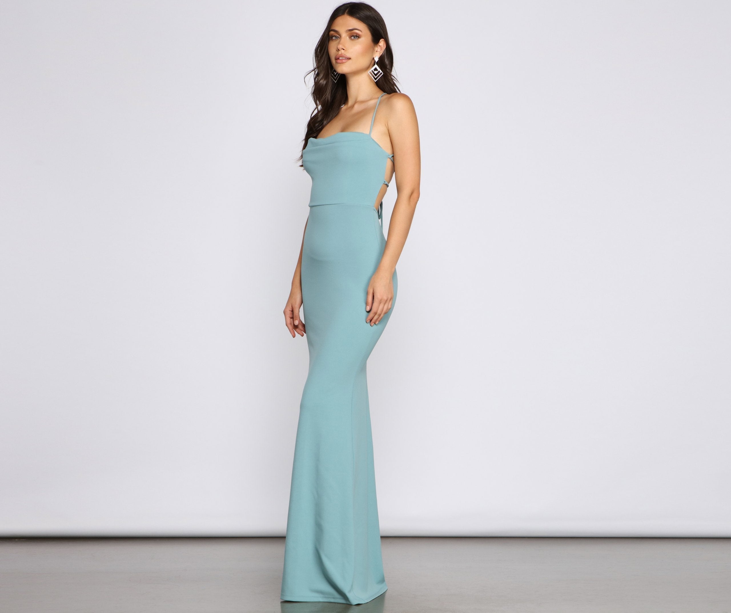 Cowl Neck Spaghetti Strap Lace Up Back Crepe Mermaid Maxi Gown