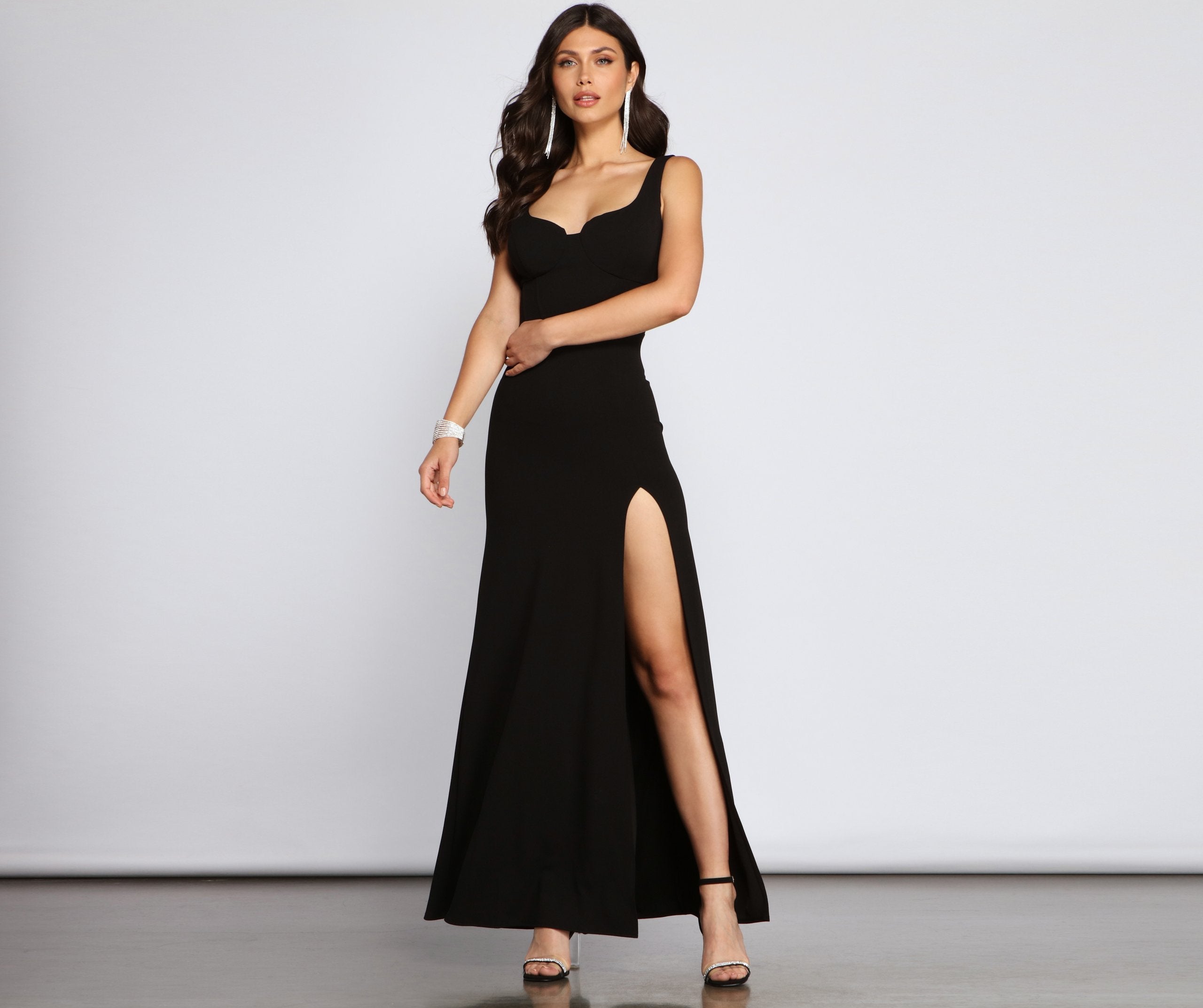 Sweetheart Bustier High Split Crepe Column Maxi Gown