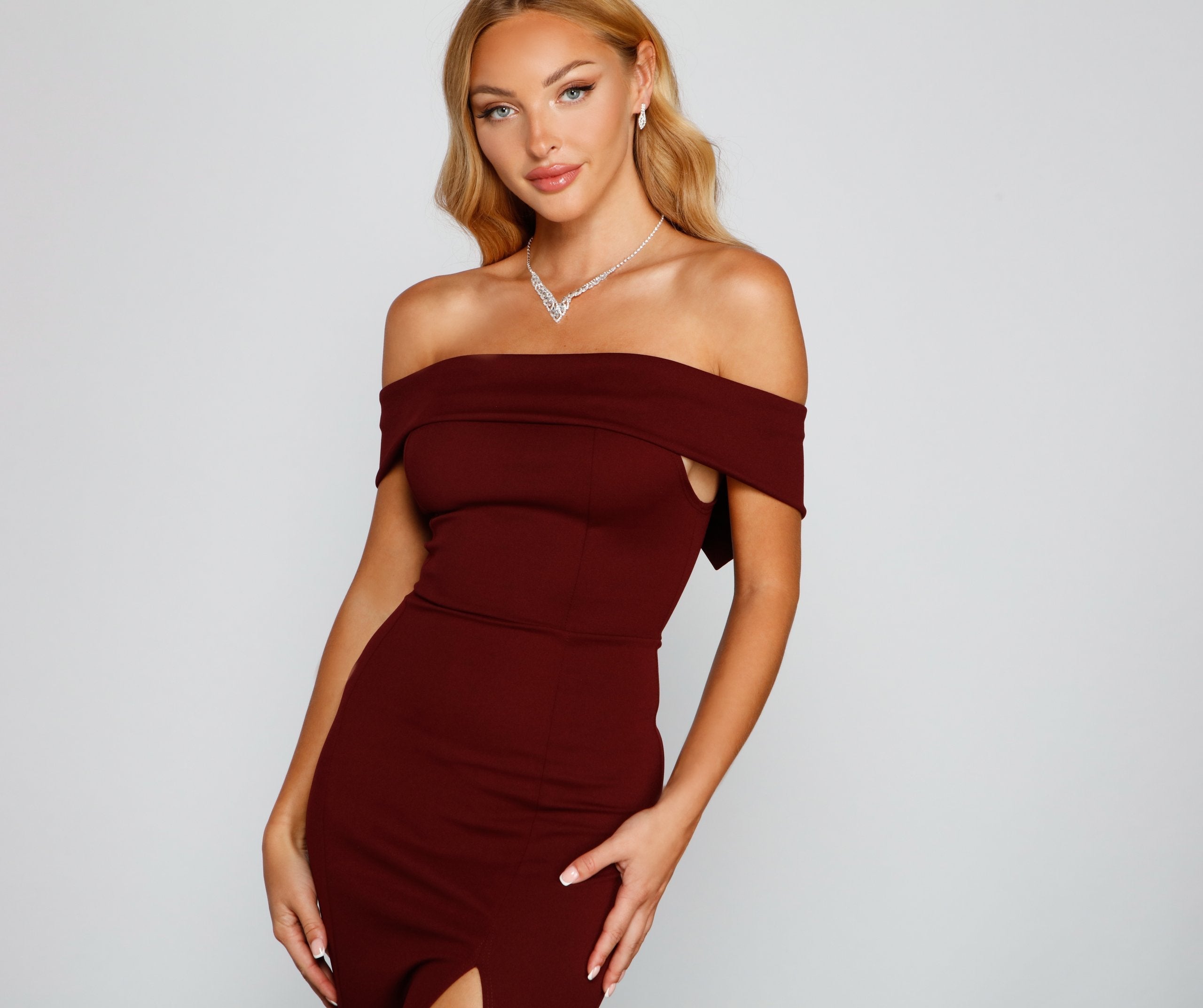 Off Shoulder High Split Crepe Mermaid Maxi Gown