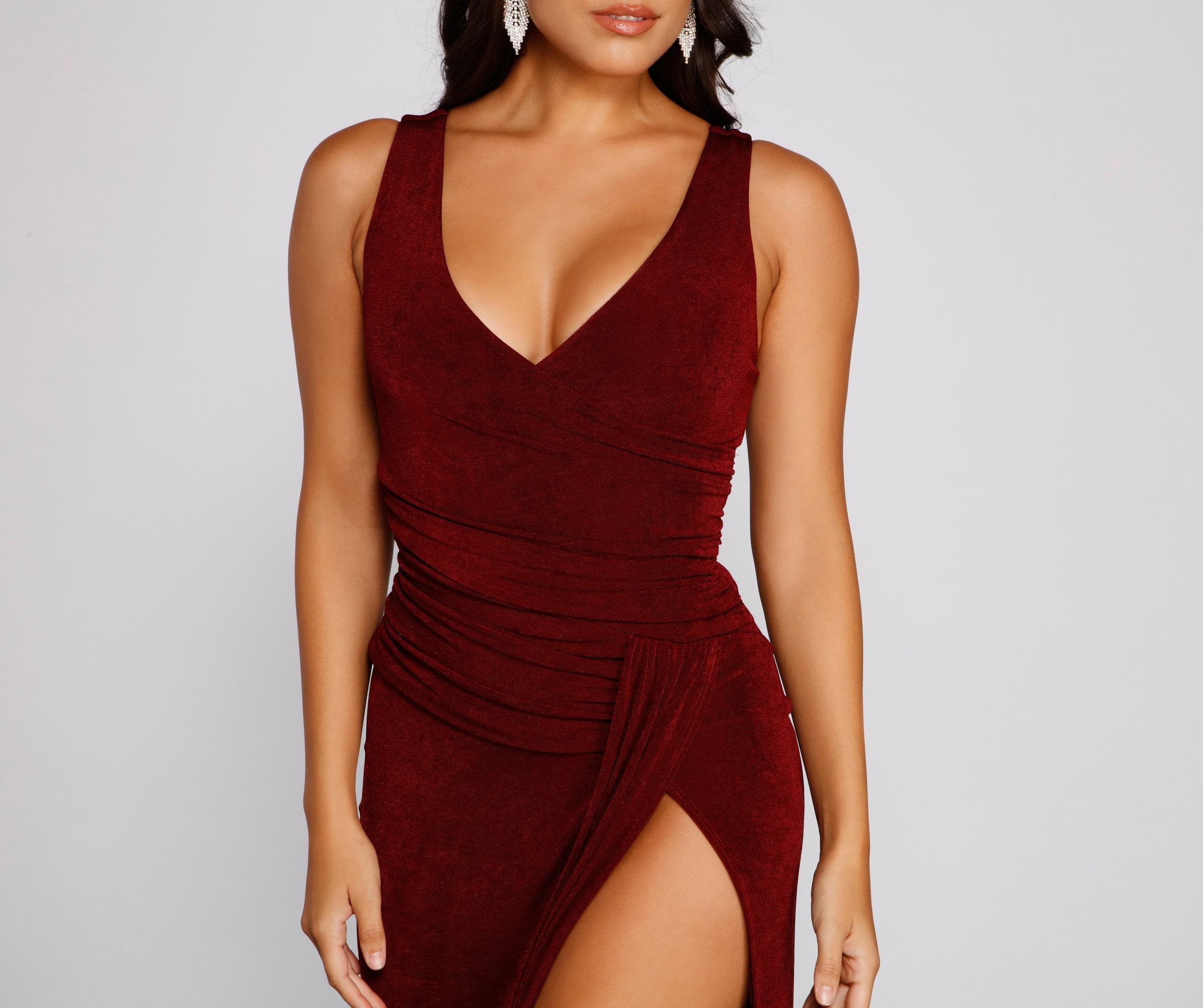 Glitter V-Neck Ruched High Split Wrap Column Maxi Dress