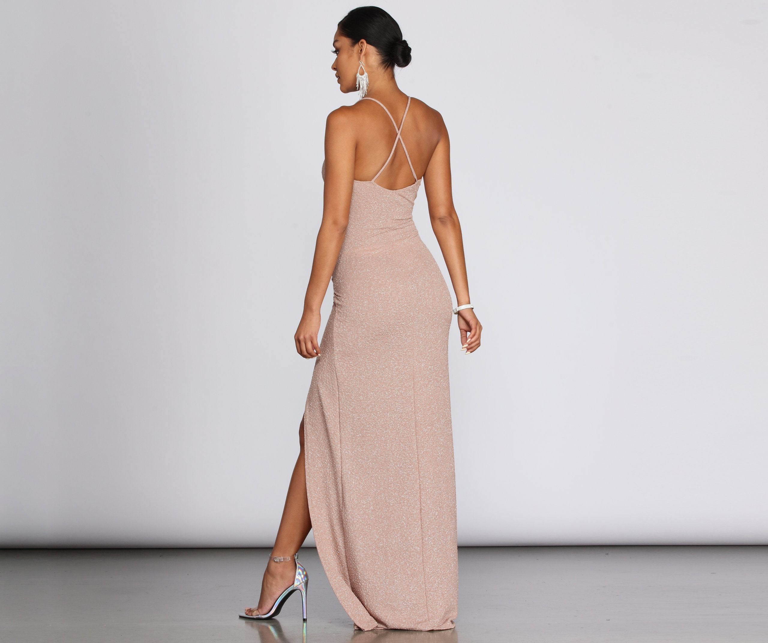 Glitter Spaghetti Strap V-Neck Ruched High Split Cross Back Maxi Dress