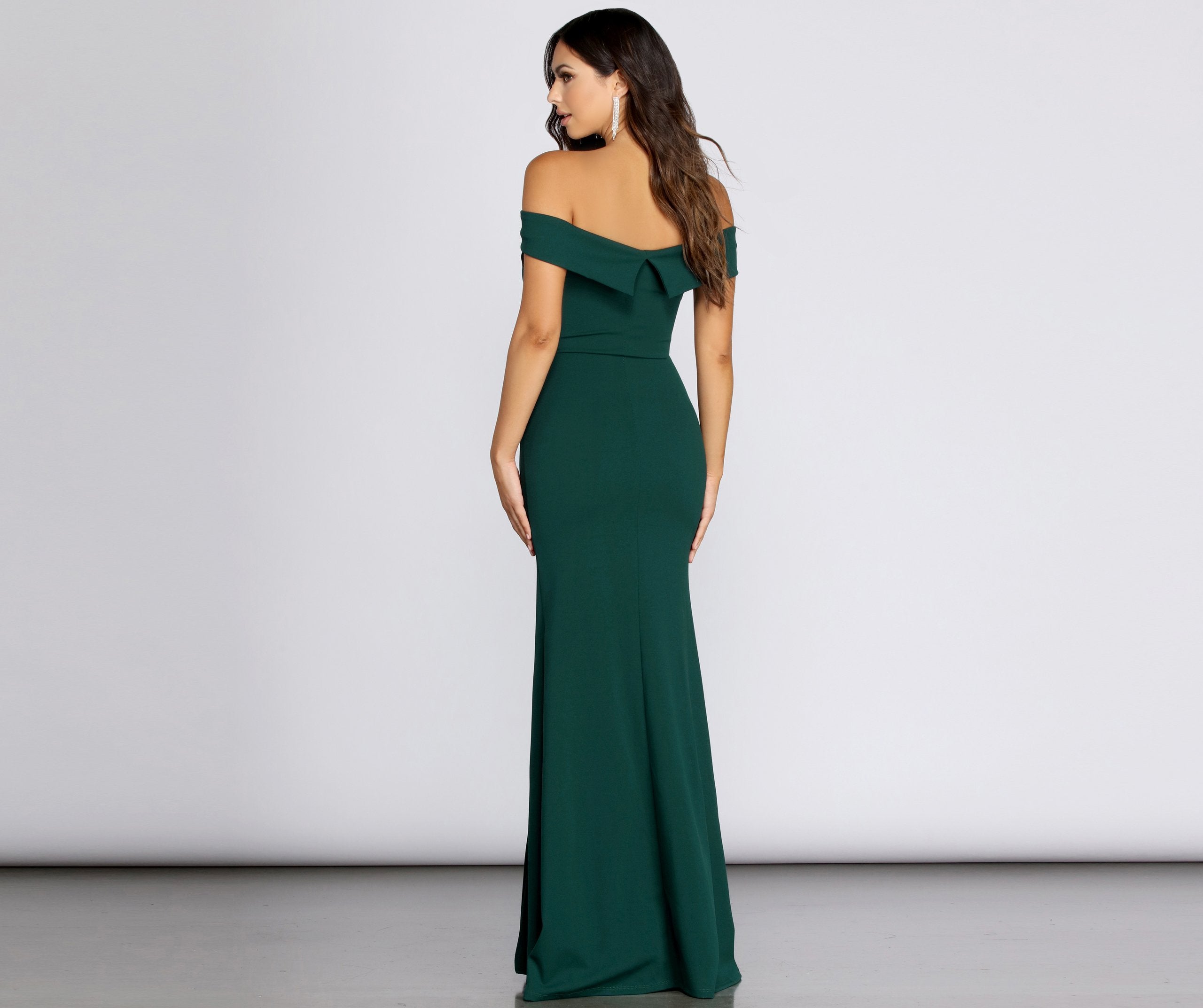 Off Shoulder High Split Crepe Mermaid Maxi Gown