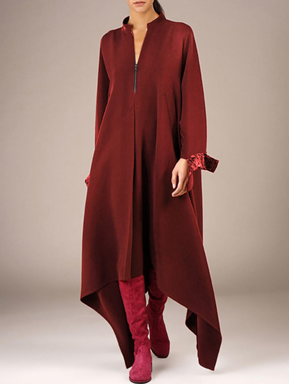 Zip Front Mock Neck Long Sleeve Contrast Cuff Handkerchief Hem Midi Dress