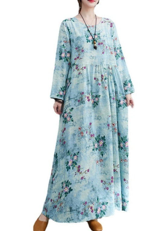 Small Floral Print Empire Waist Gathered Long Sleeve Loose Maxi Dress