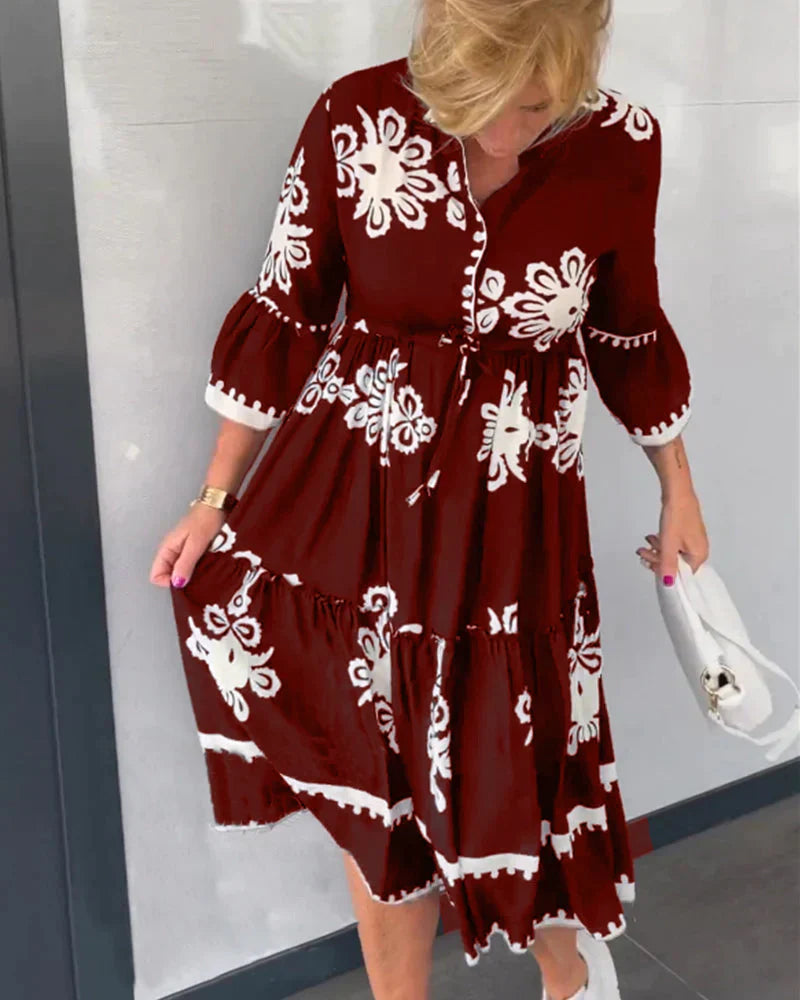 Border Trim Button Front V-Neck Drawstring Waist Tiered Ruffle Cuff Midi Shirt Dress
