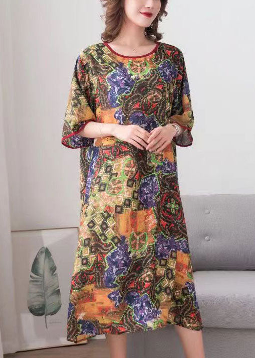Mixed Print Crew Neck Kimono Sleeve Contrast Trim Shift Midi Dress