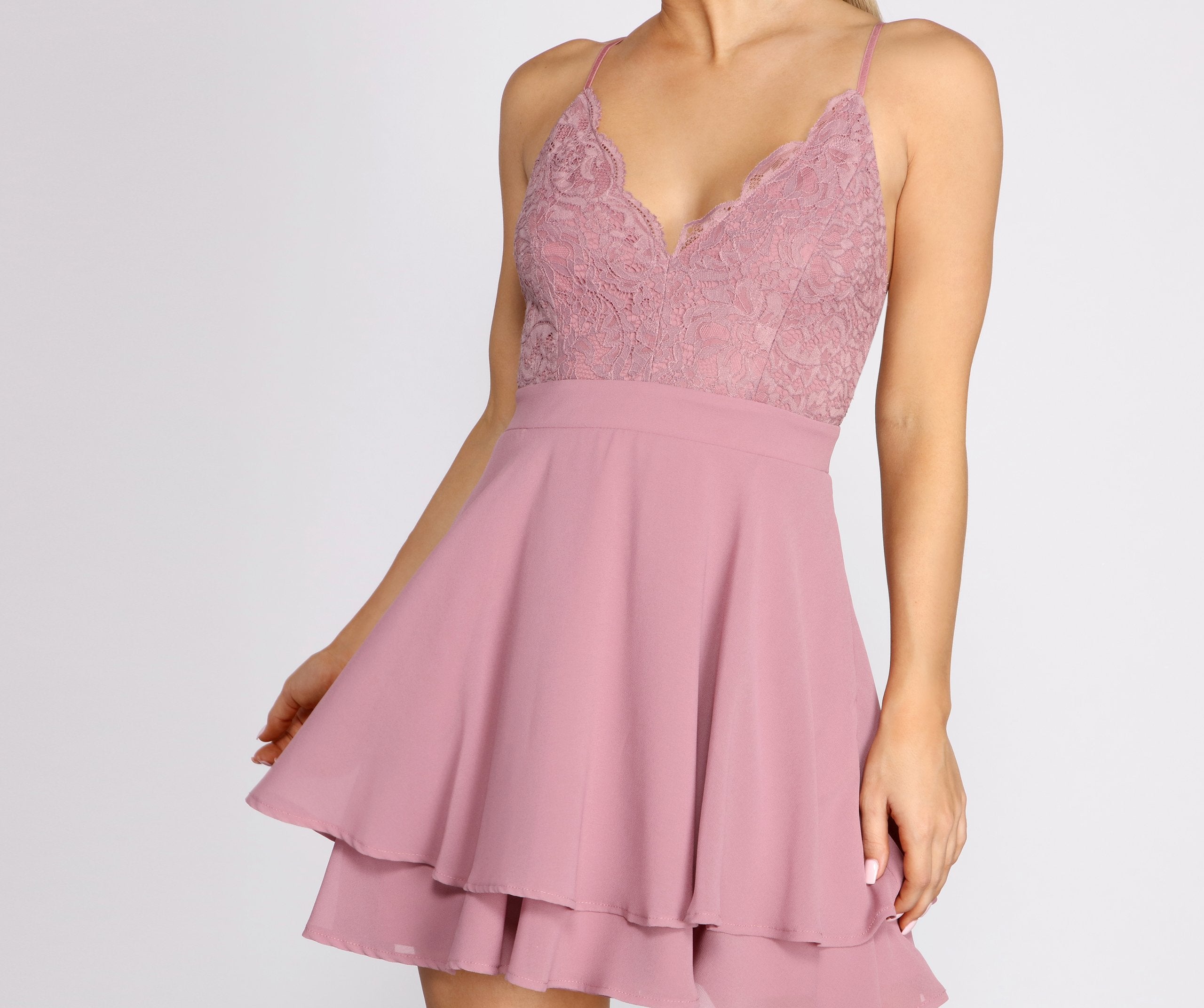 Lace V-Neck Spaghetti Strap Tiered Skater Mini Dress