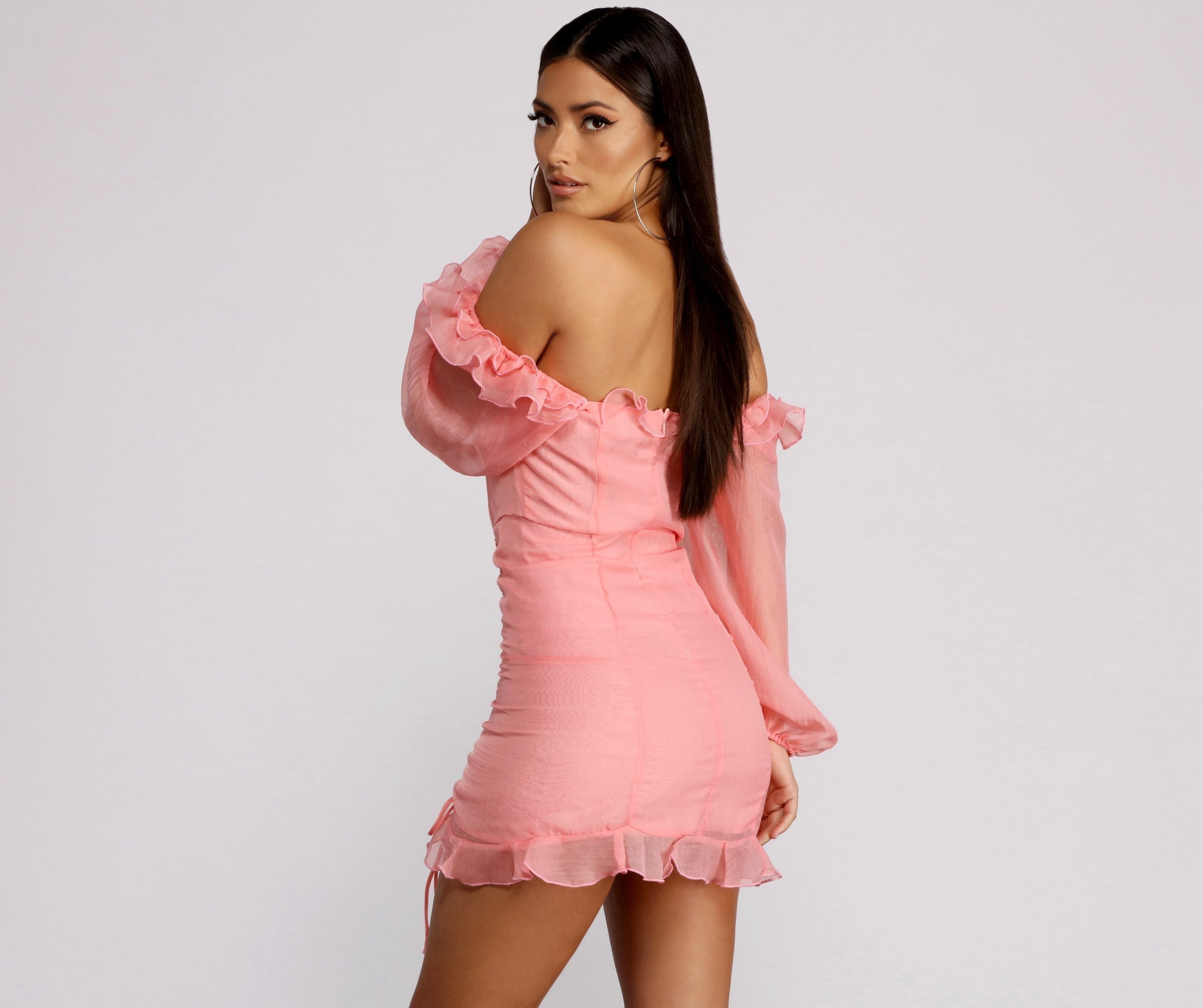 Puff Sleeve Lace Up Ruffle Organza Mini Dress