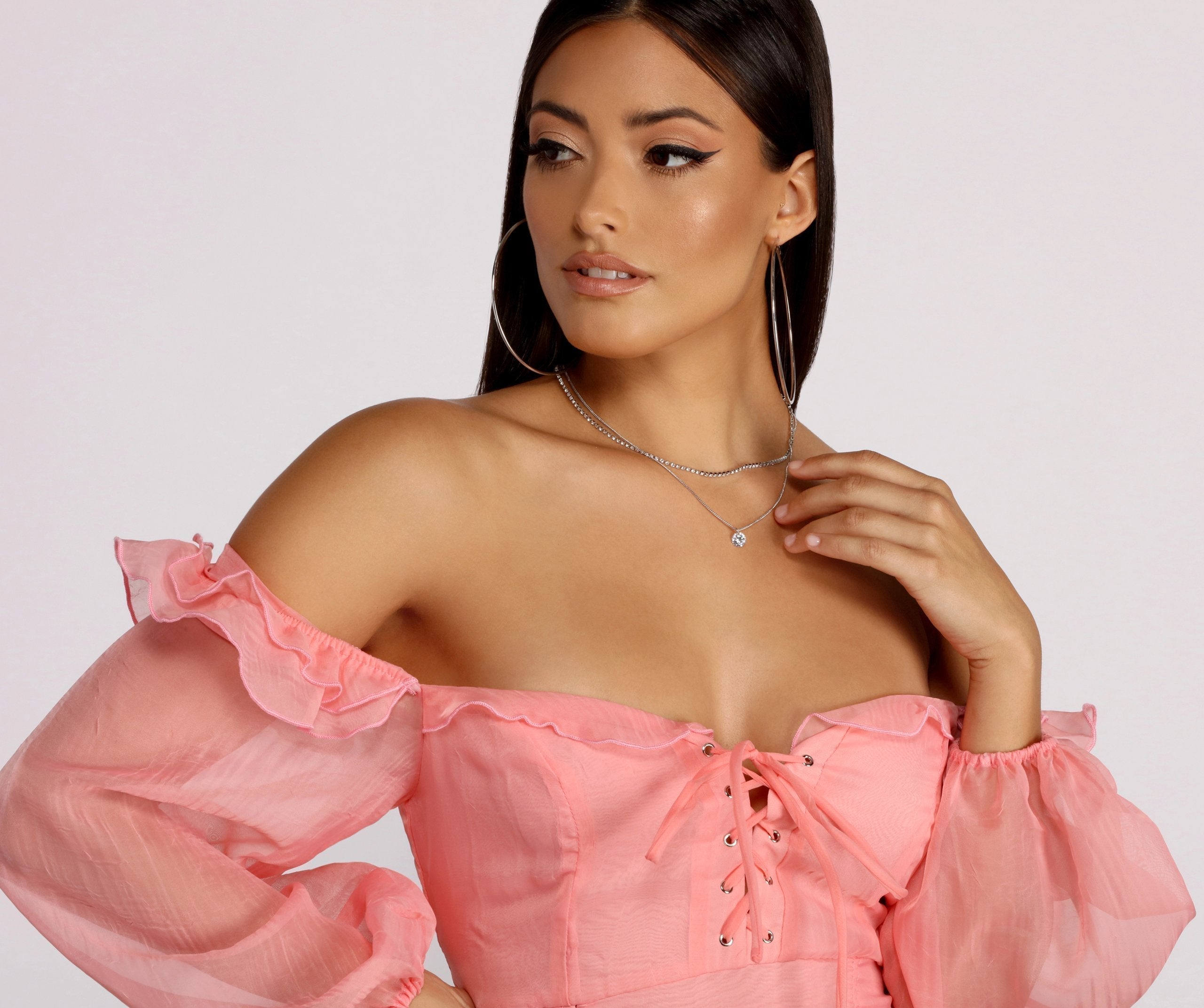 Puff Sleeve Lace Up Ruffle Organza Mini Dress