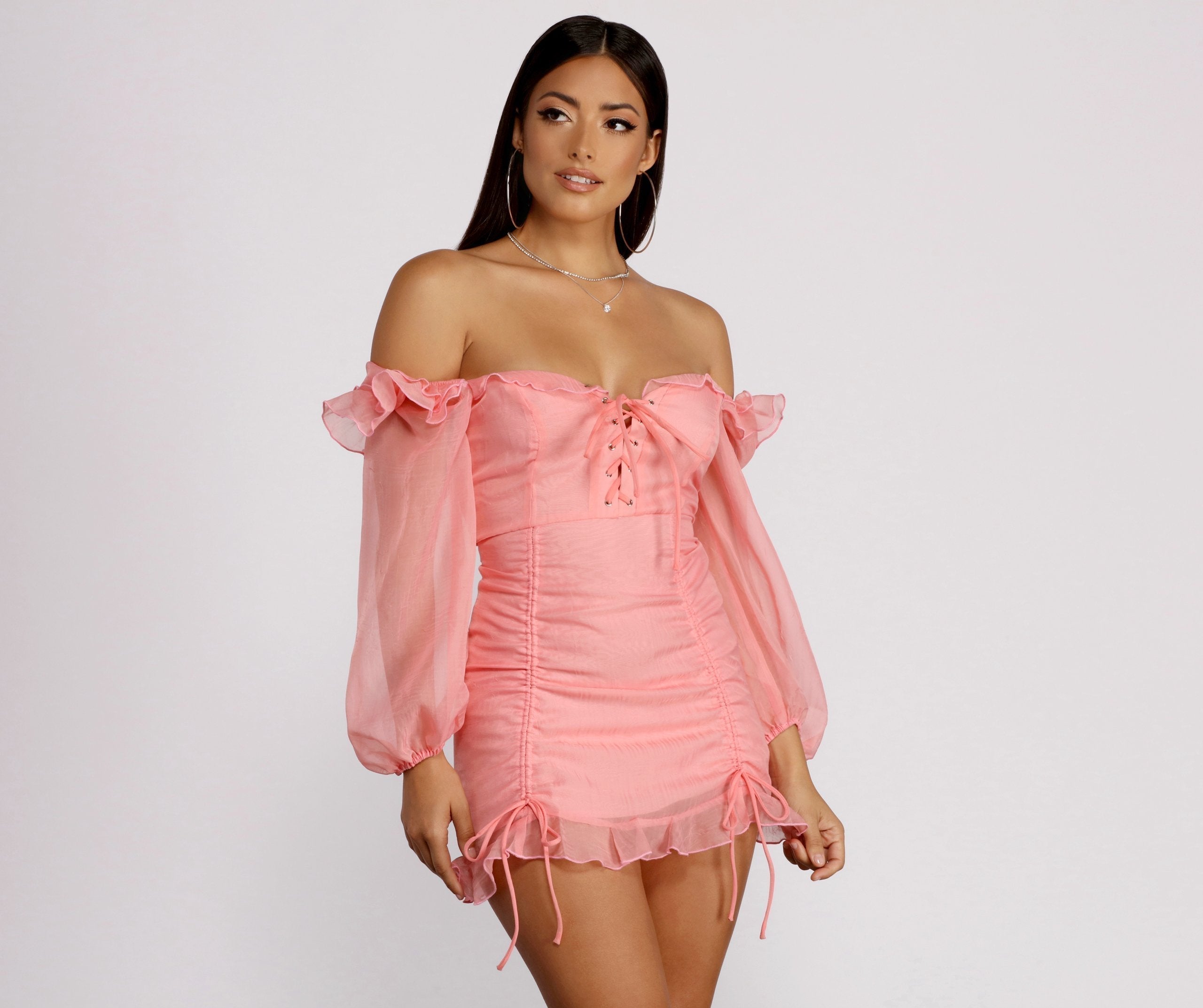 Puff Sleeve Lace Up Ruffle Organza Mini Dress