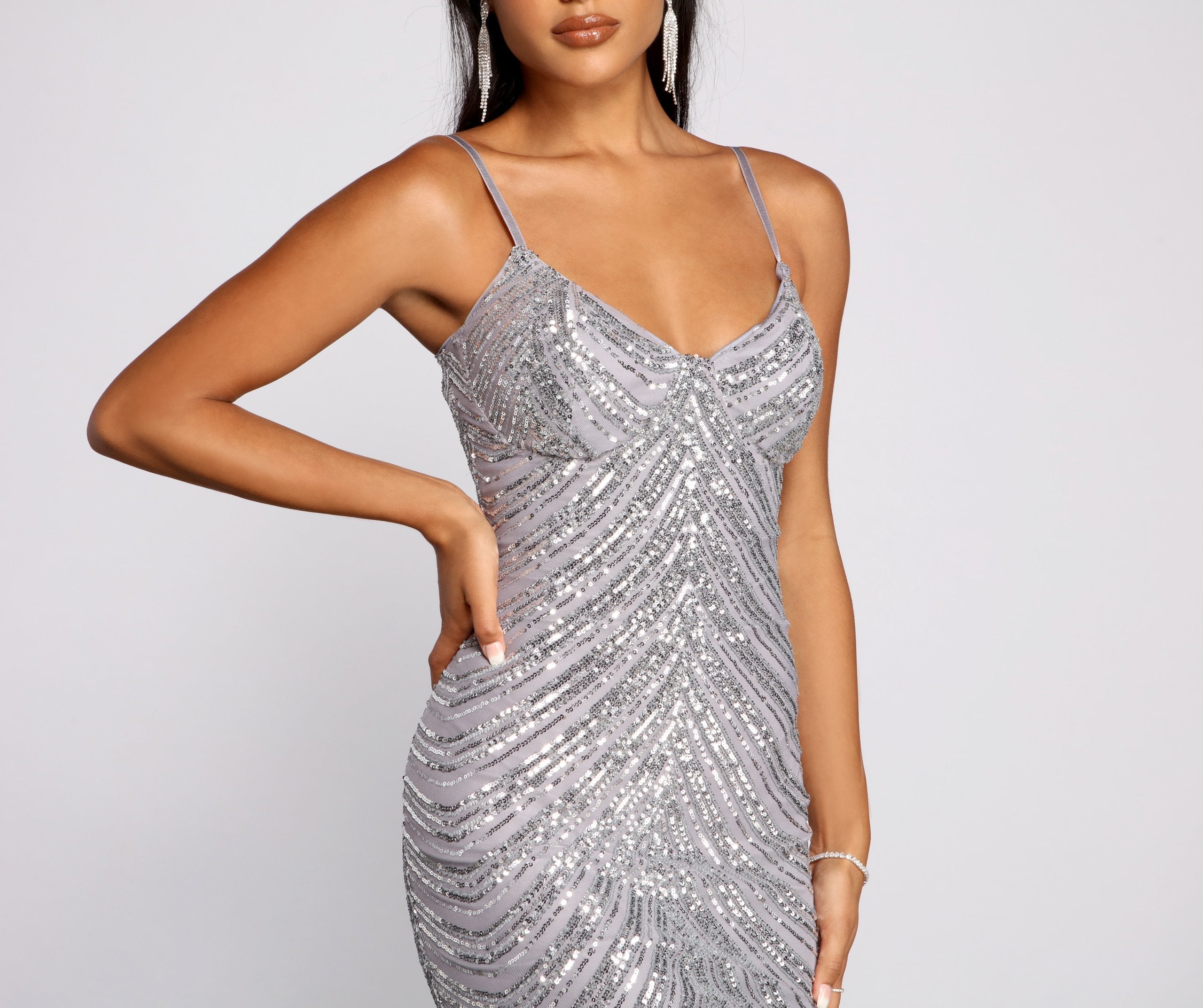 Sequin V-Neck Spaghetti Strap Bodycon Midi Dress