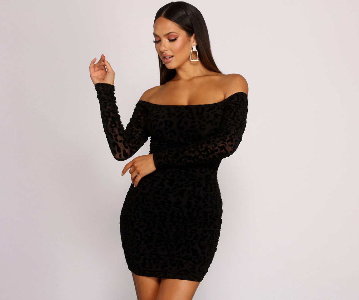Leopard Flocked Mesh Off Shoulder Long Sleeve Ruched Bodycon Mini Dress