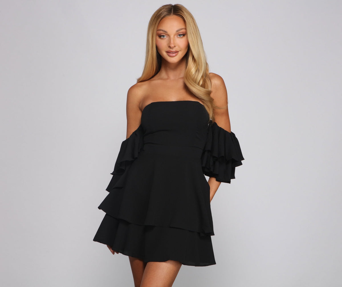 Off Shoulder Tiered Ruffle Sleeve Layered A-Line Mini Dress