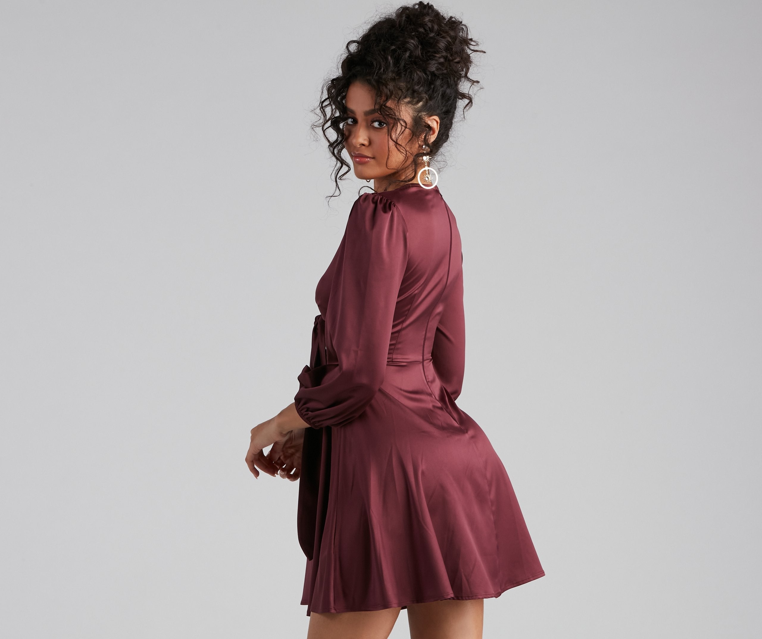 Satin Deep V-Neck Puff Sleeve Tie Front Fit and Flare Mini Dress