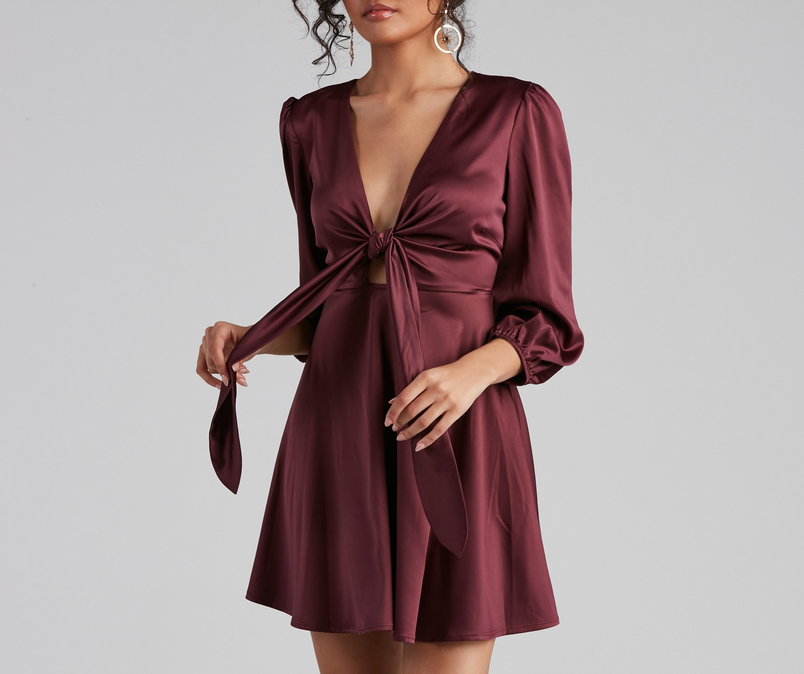 Satin Deep V-Neck Puff Sleeve Tie Front Fit and Flare Mini Dress