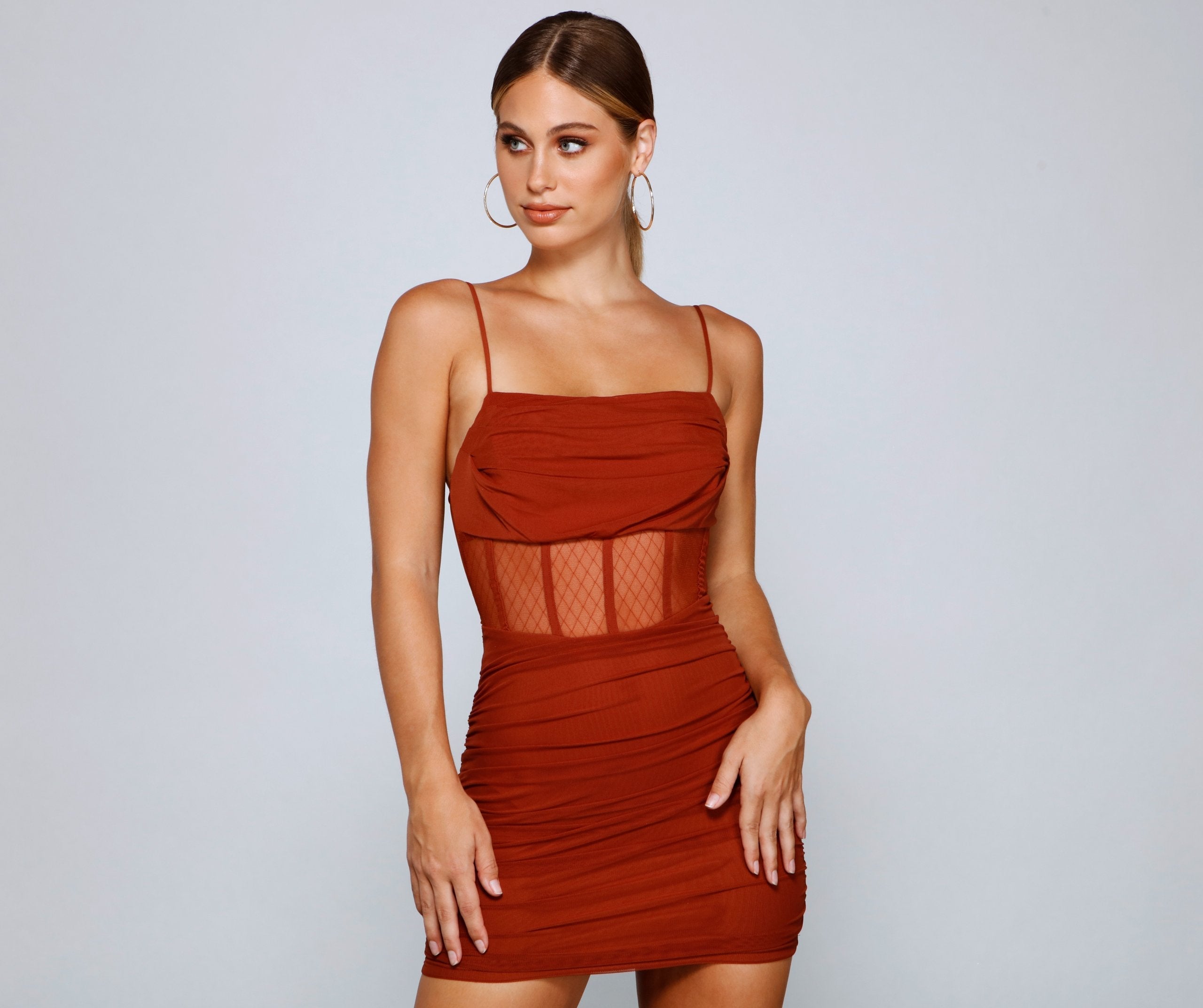 Spaghetti Strap Mesh Corset Ruched Bodycon Mini Dress - View 9
