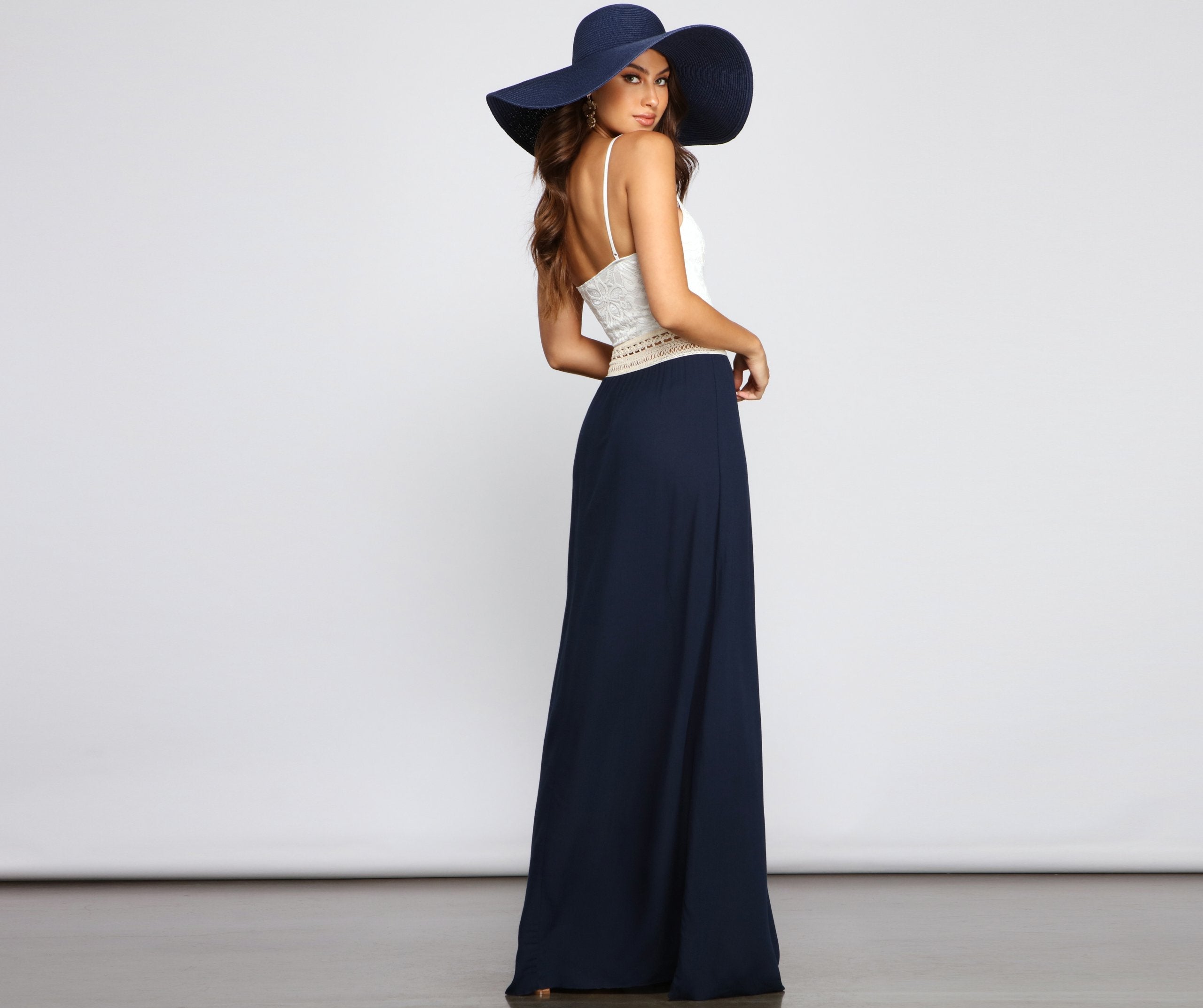 Lace Crochet Sweetheart Spaghetti Strap Crochet Waistband Flowy Maxi Dress