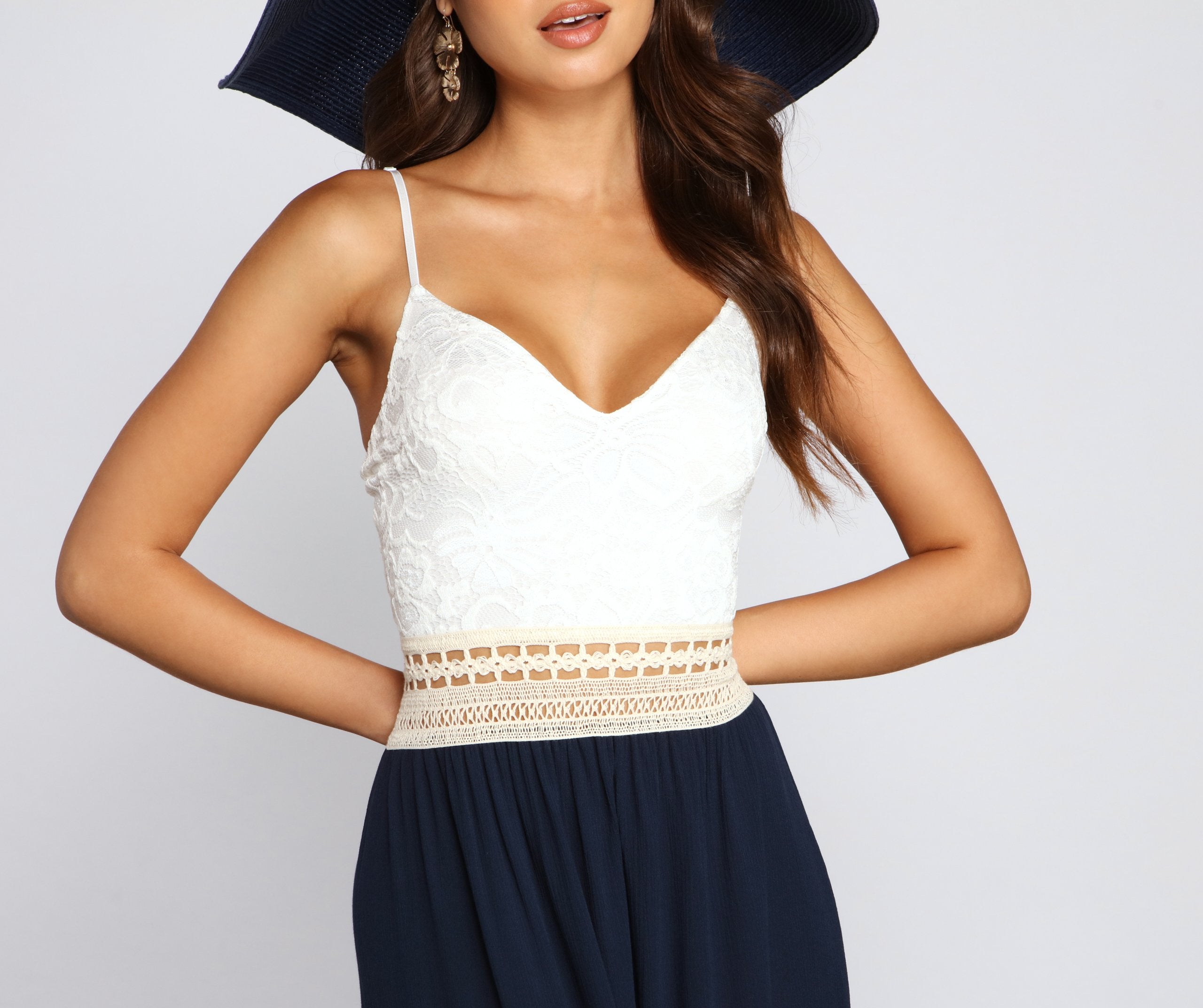 Lace Crochet Sweetheart Spaghetti Strap Crochet Waistband Flowy Maxi Dress