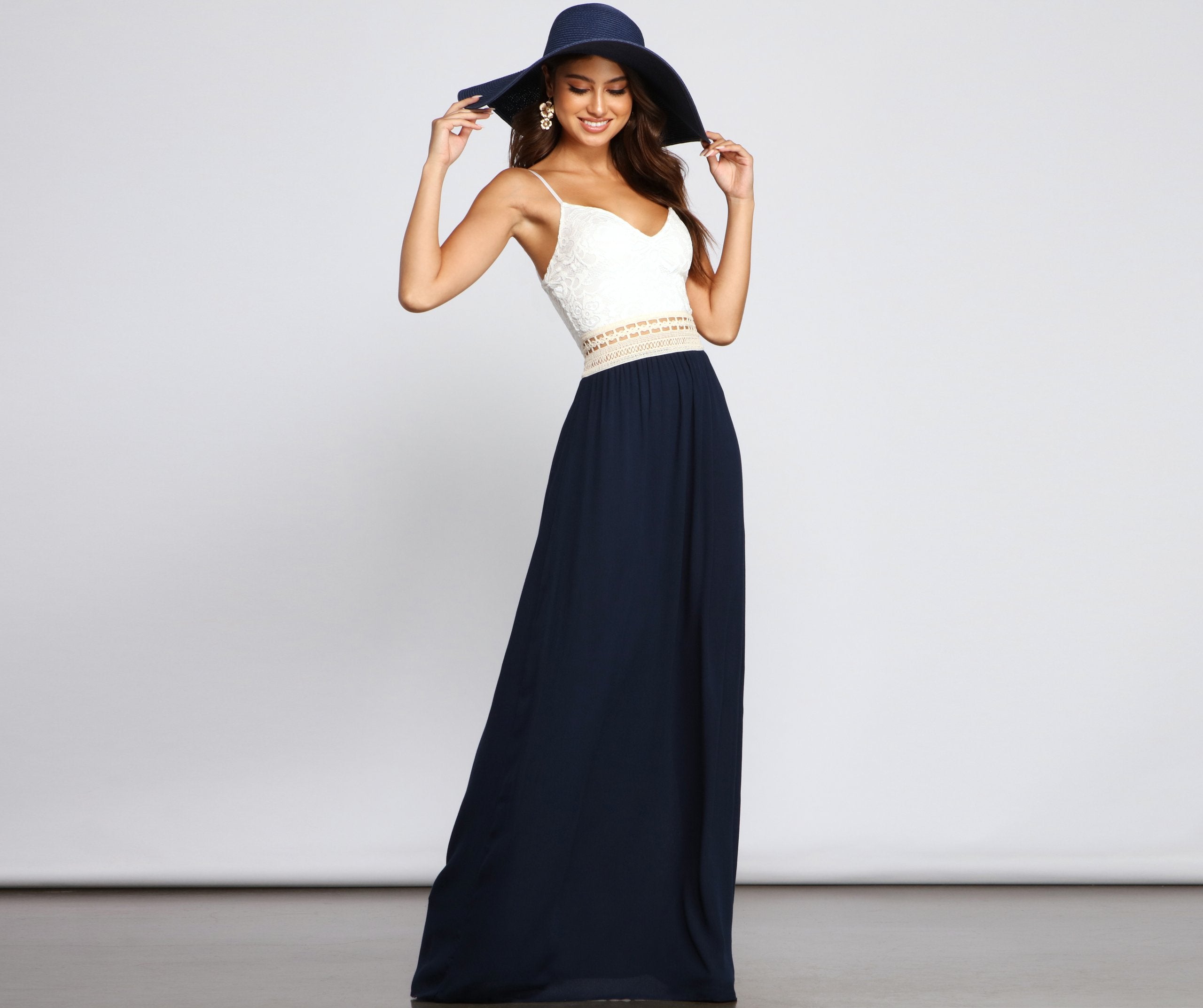 Lace Crochet Sweetheart Spaghetti Strap Crochet Waistband Flowy Maxi Dress