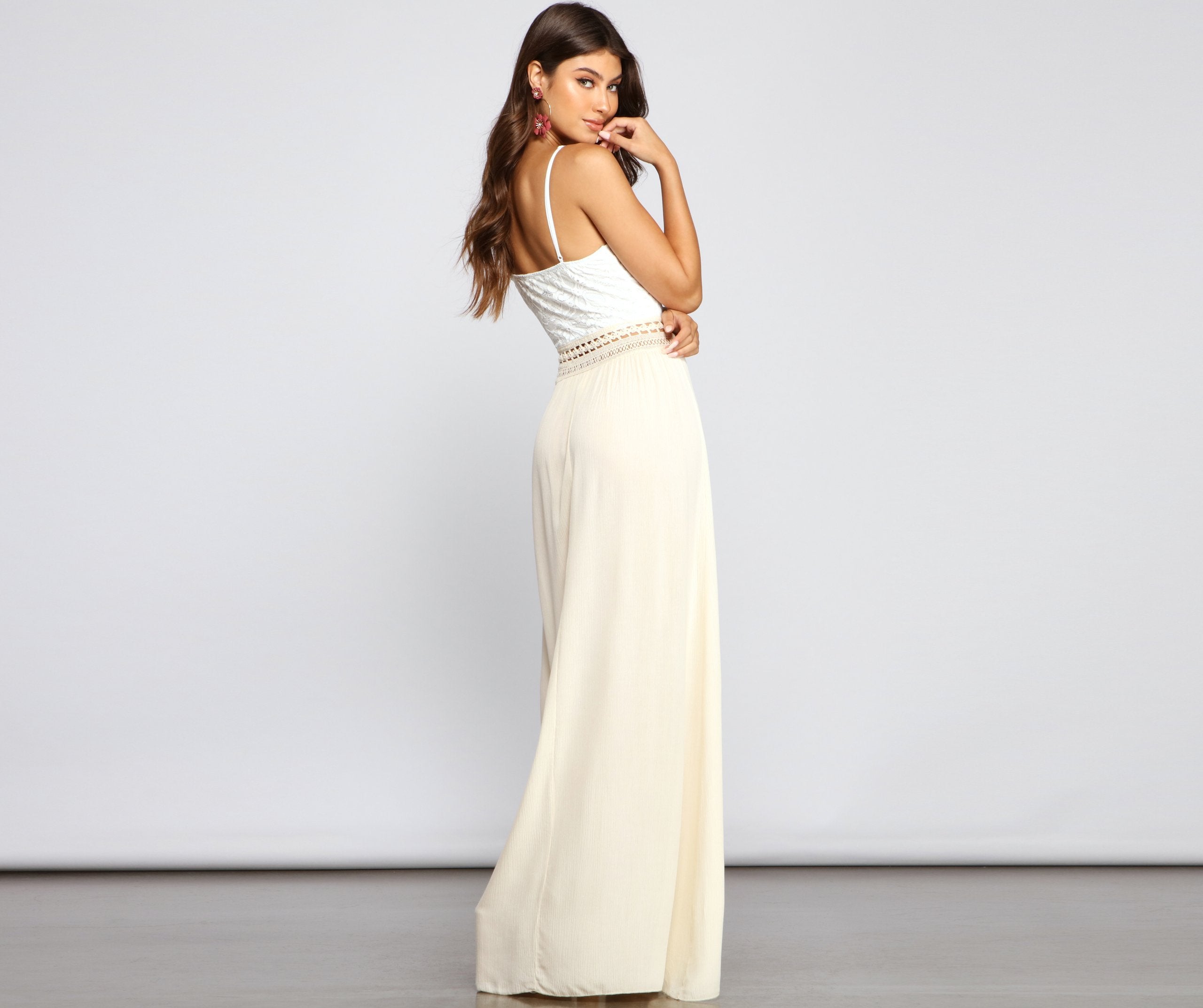 Lace Crochet Sweetheart Spaghetti Strap Crochet Waistband Flowy Maxi Dress