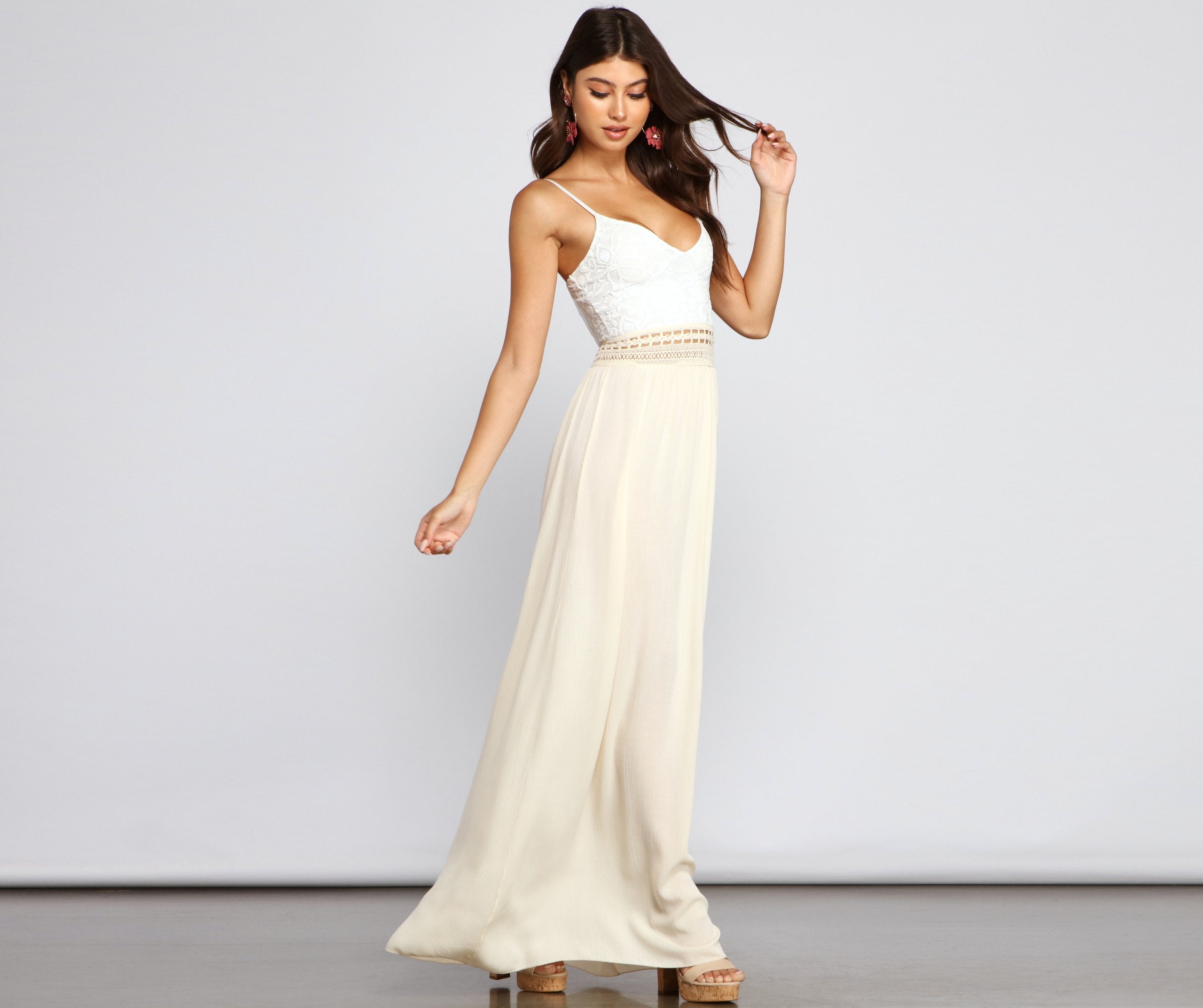 Lace Crochet Sweetheart Spaghetti Strap Crochet Waistband Flowy Maxi Dress