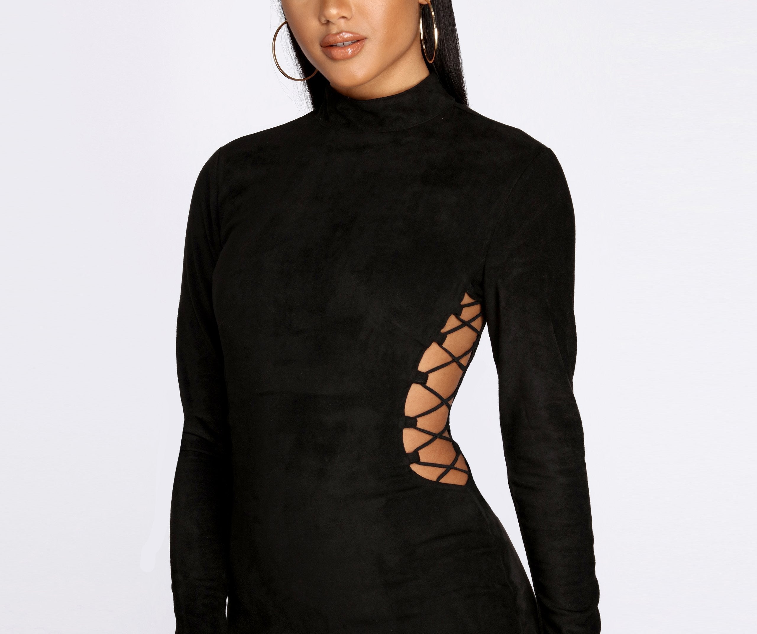 Suede Mock Neck Long Sleeve Lace Up Bodycon Mini Dress