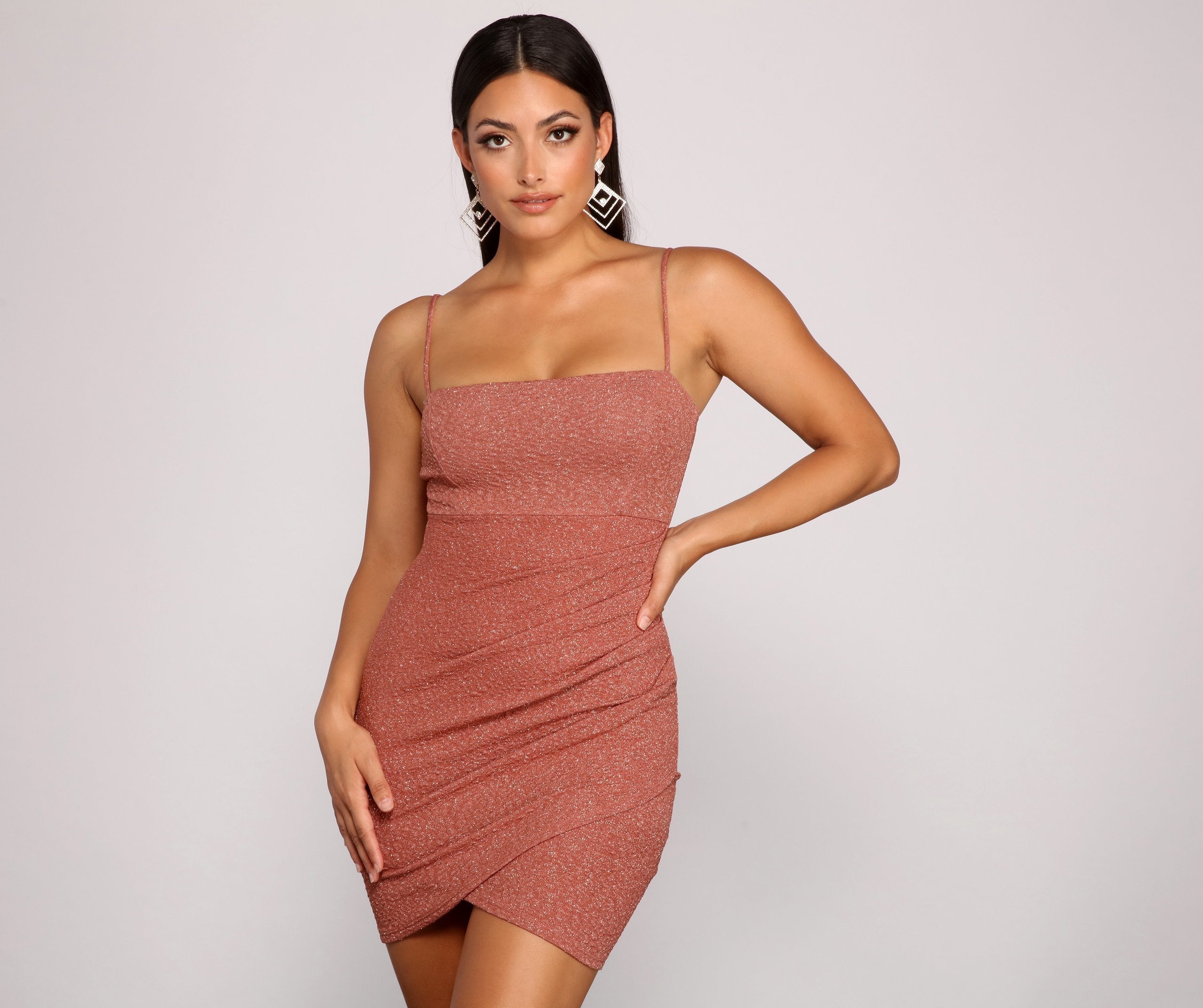 Glitter Spaghetti Strap Ruched Wrap Bodycon Mini Dress