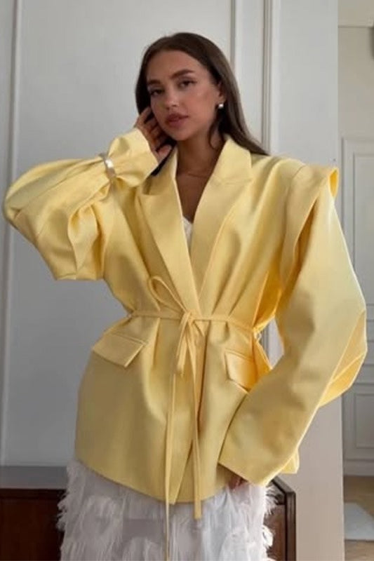 V-Neck Belted Shoulder Pad Blazer