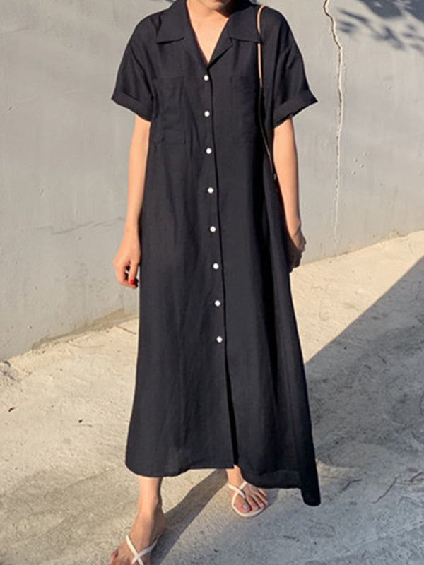 Notched Collar Button Front Patch Pocket Rolled Short Sleeve Maxi Shirt Dress