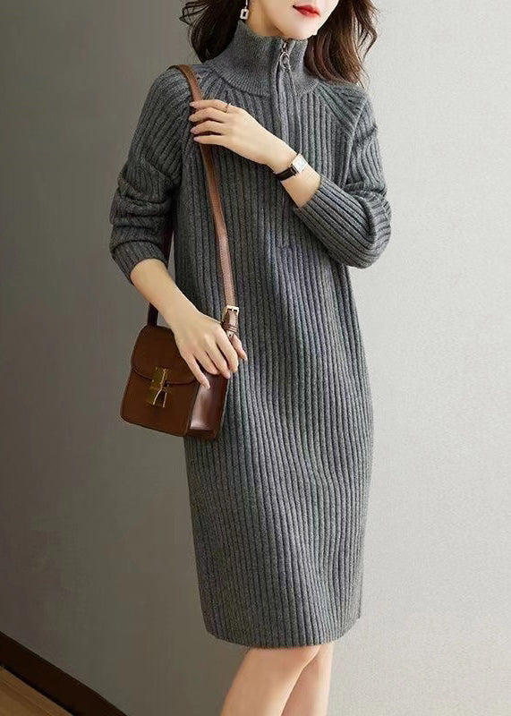 Ribbed Knit Mock Neck Half Zip Long Sleeve Shift Knee Length Dress