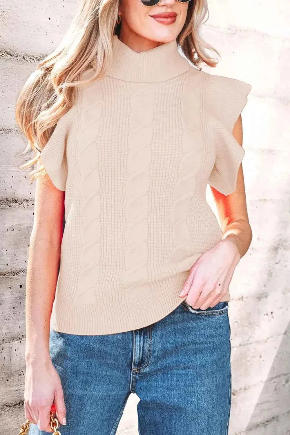 Turtleneck Ruffle Cap Sleeve Cable Knit Sweater 11